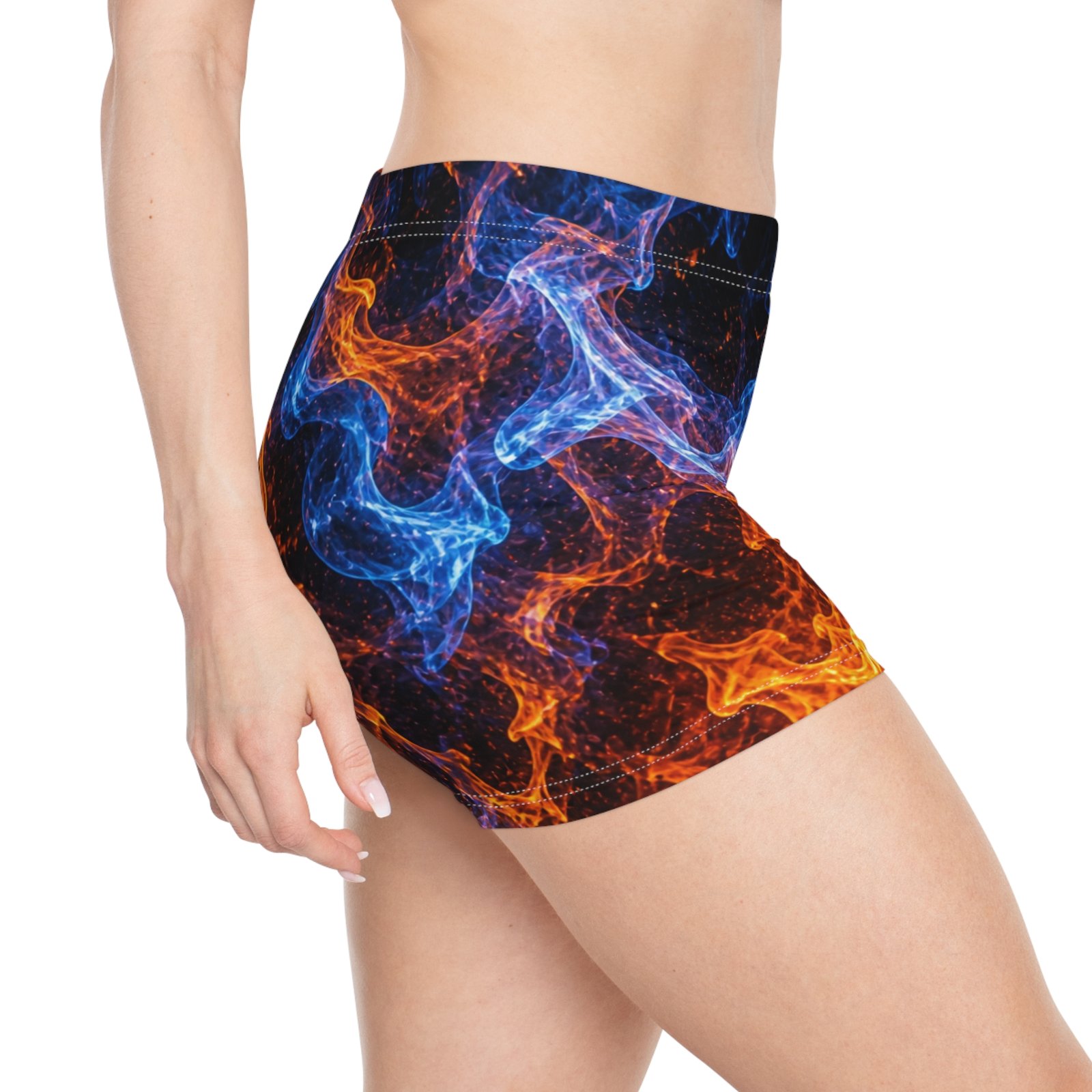 echoflame flame fusion women's shorts — blue & orange fire print aop echoflame flame fusion women's shorts — blue & orange fire print aop