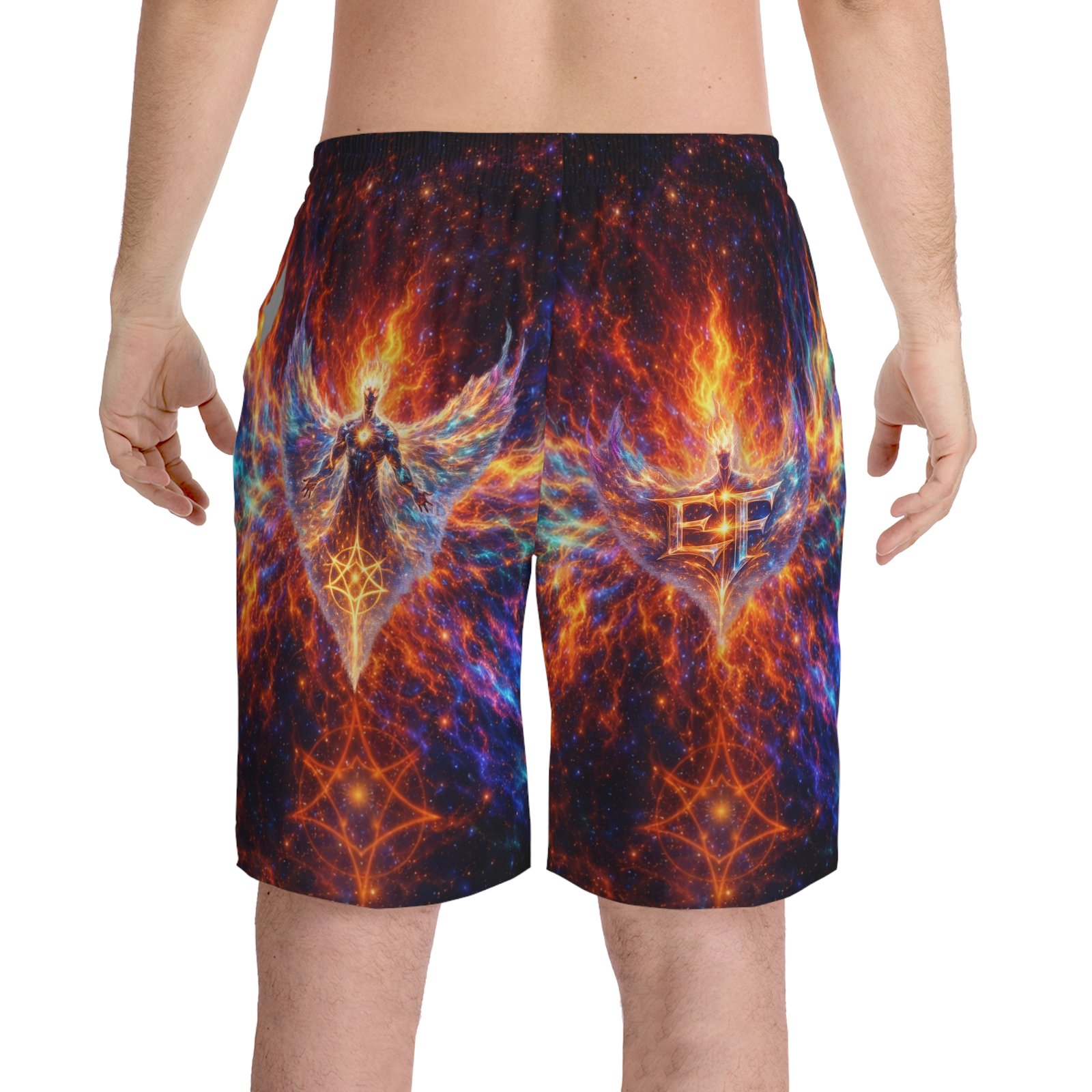 echoflame men's prism phoenix swim shorts — cosmic flame graphic beach trunks echoflame men's prism phoenix swim shorts — cosmic flame graphic beach trunks