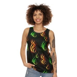 echoflame flame pattern all over print tank top — neon green & orange fire design
