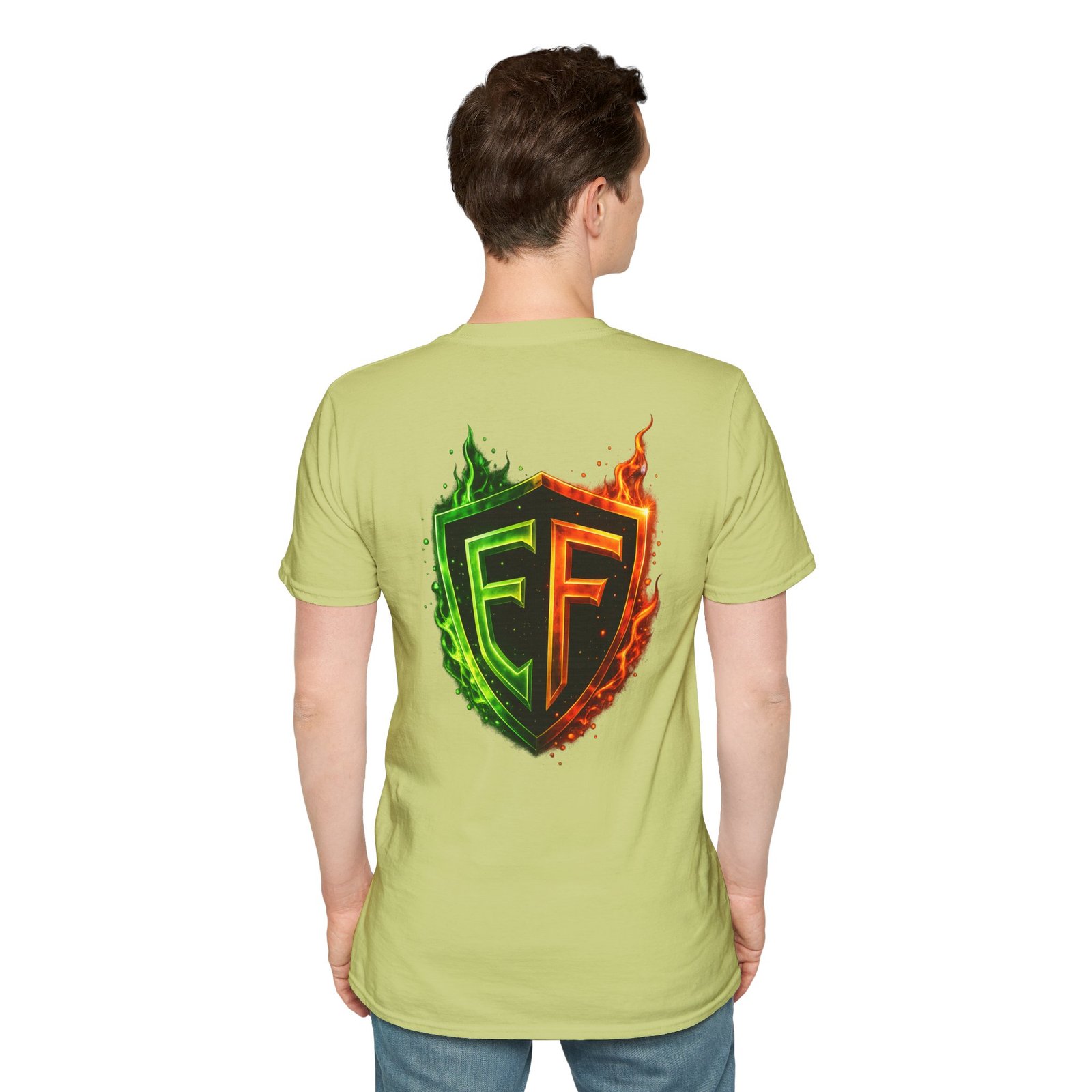 echoflame shield logo t‑shirt — flaming green & orange ef crest echoflame shield logo t‑shirt — flaming green & orange ef crest