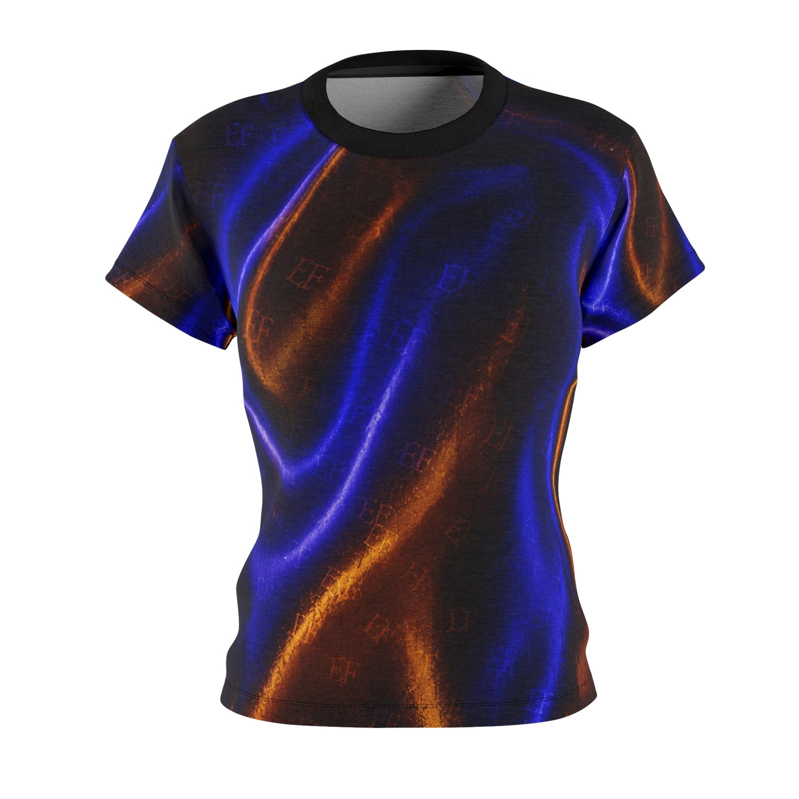 echoflame women's blue & orange liquid metallic tee — all over print cut & sew shirt echoflame women's blue & orange liquid metallic tee — all over print cut & sew shirt