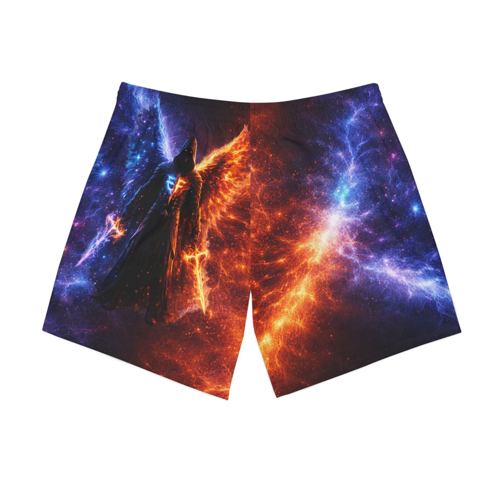echoflame cosmic angel beach shorts — galactic phoenix wings swim trunks echoflame cosmic angel beach shorts — galactic phoenix wings swim trunks