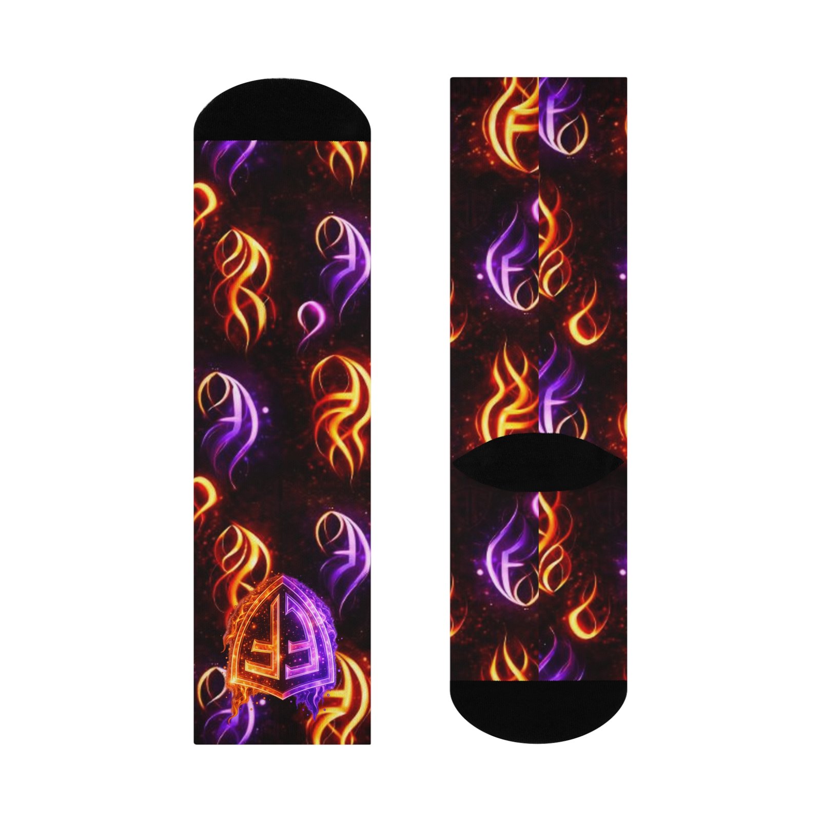 echoflame flaming emblem crew socks — colorful purple & orange fire pattern cushioned socks echoflame flaming emblem crew socks — colorful purple & orange fire pattern cushioned socks