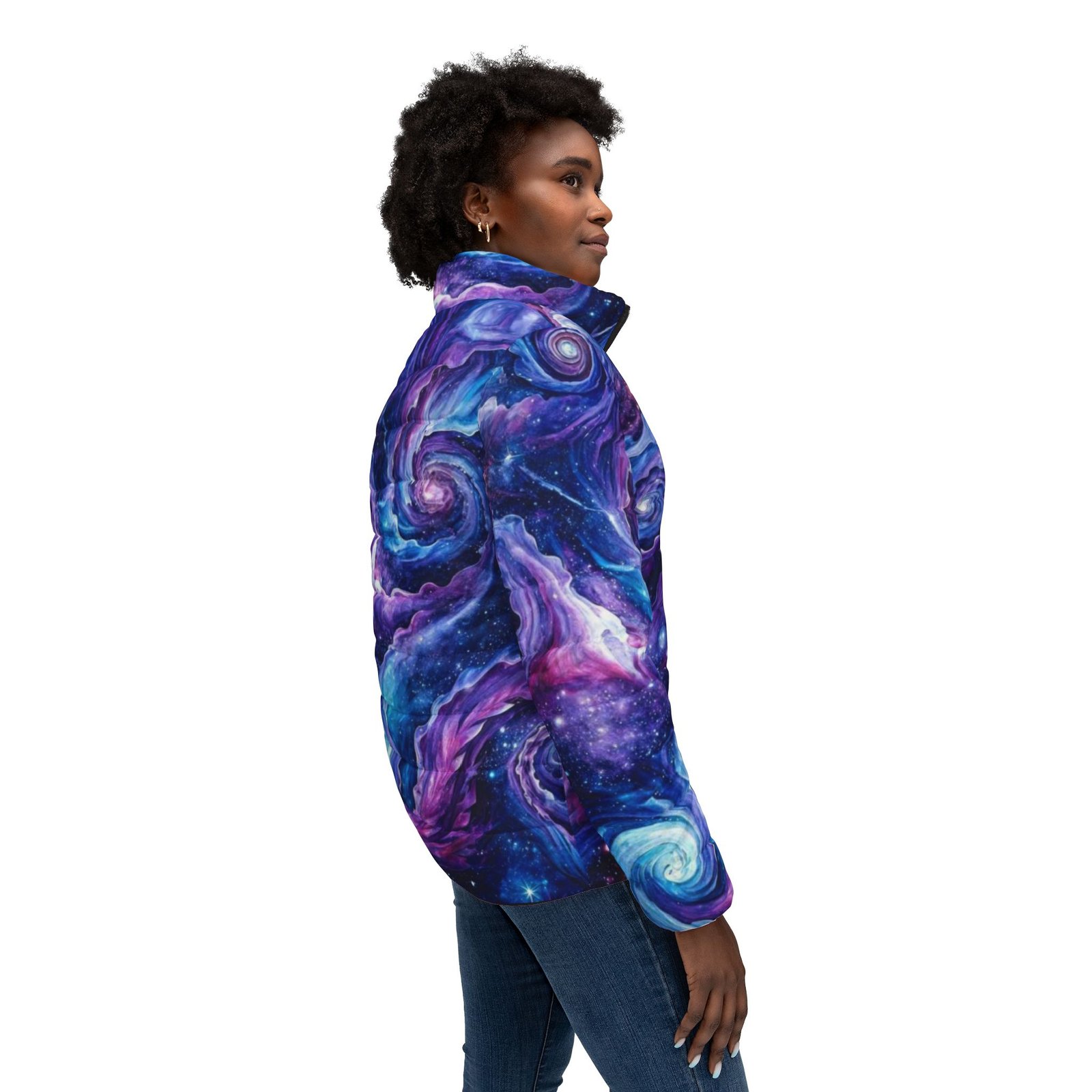 echoflame galaxy swirl puffer jacket — women's cosmic space print outerwear echoflame galaxy swirl puffer jacket — women's cosmic space print outerwear