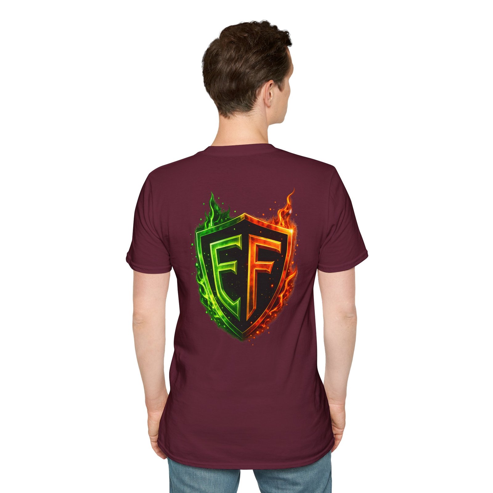 echoflame shield logo t‑shirt — flaming green & orange ef crest echoflame shield logo t‑shirt — flaming green & orange ef crest