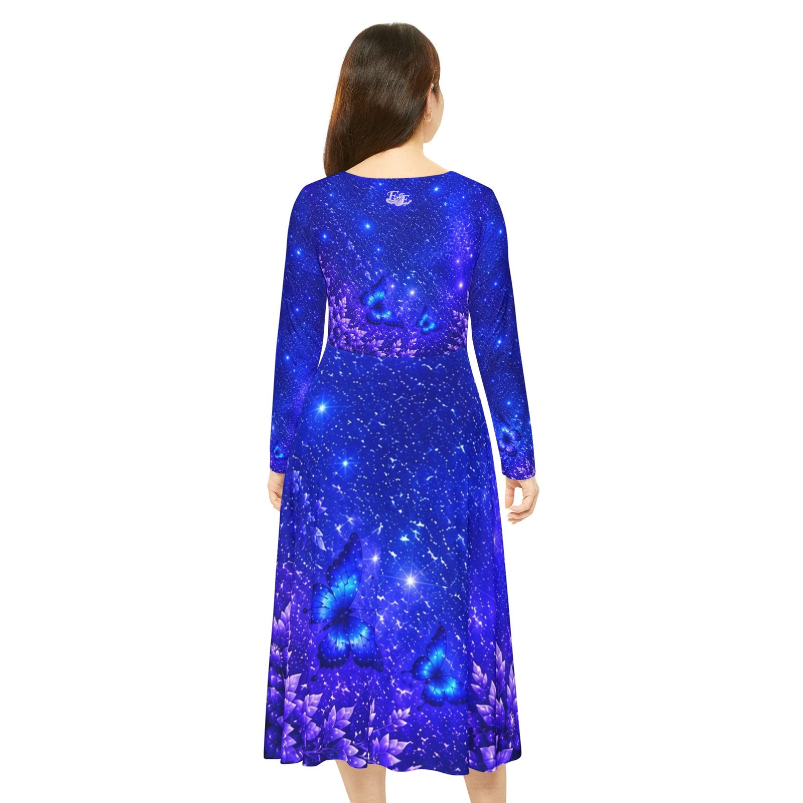 echoflame butterfly galaxy floral long sleeve dance dress — blue cosmic blossom aop echoflame butterfly galaxy floral long sleeve dance dress — blue cosmic blossom aop