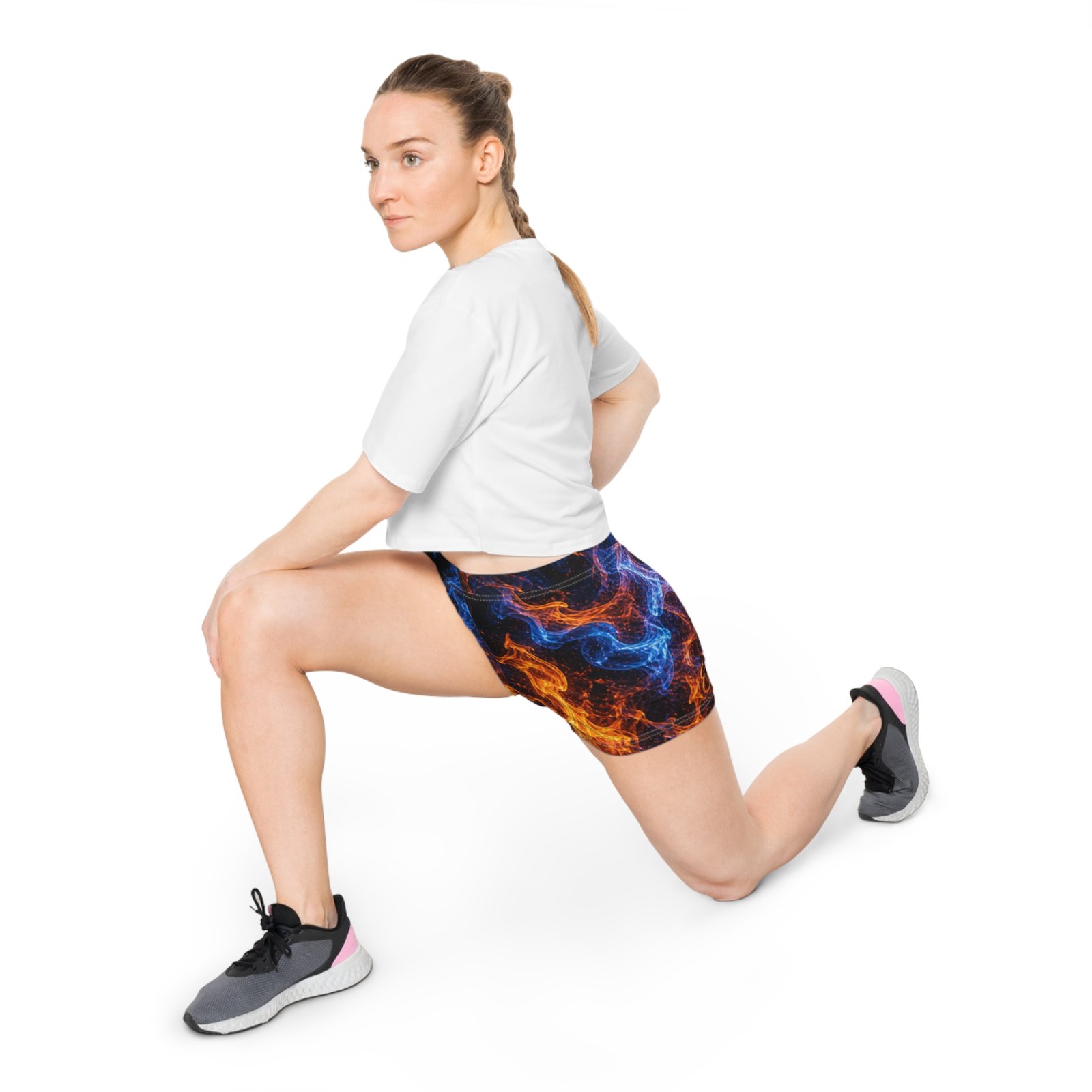echoflame flame fusion women's shorts — blue & orange fire print aop echoflame flame fusion women's shorts — blue & orange fire print aop