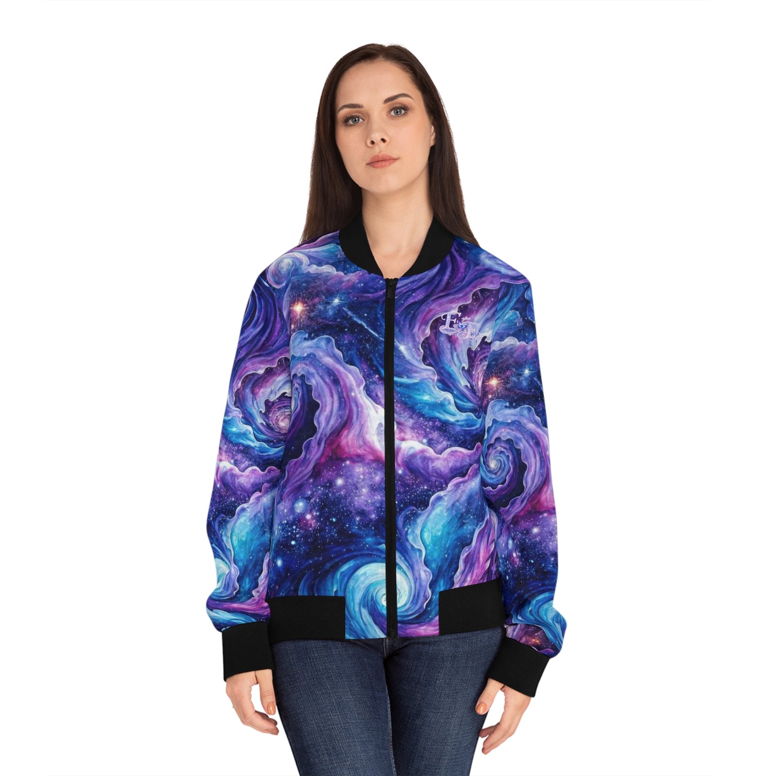 echoflame galaxy swirl bomber jacket — women's cosmic all over print echoflame galaxy swirl bomber jacket — women's cosmic all over print