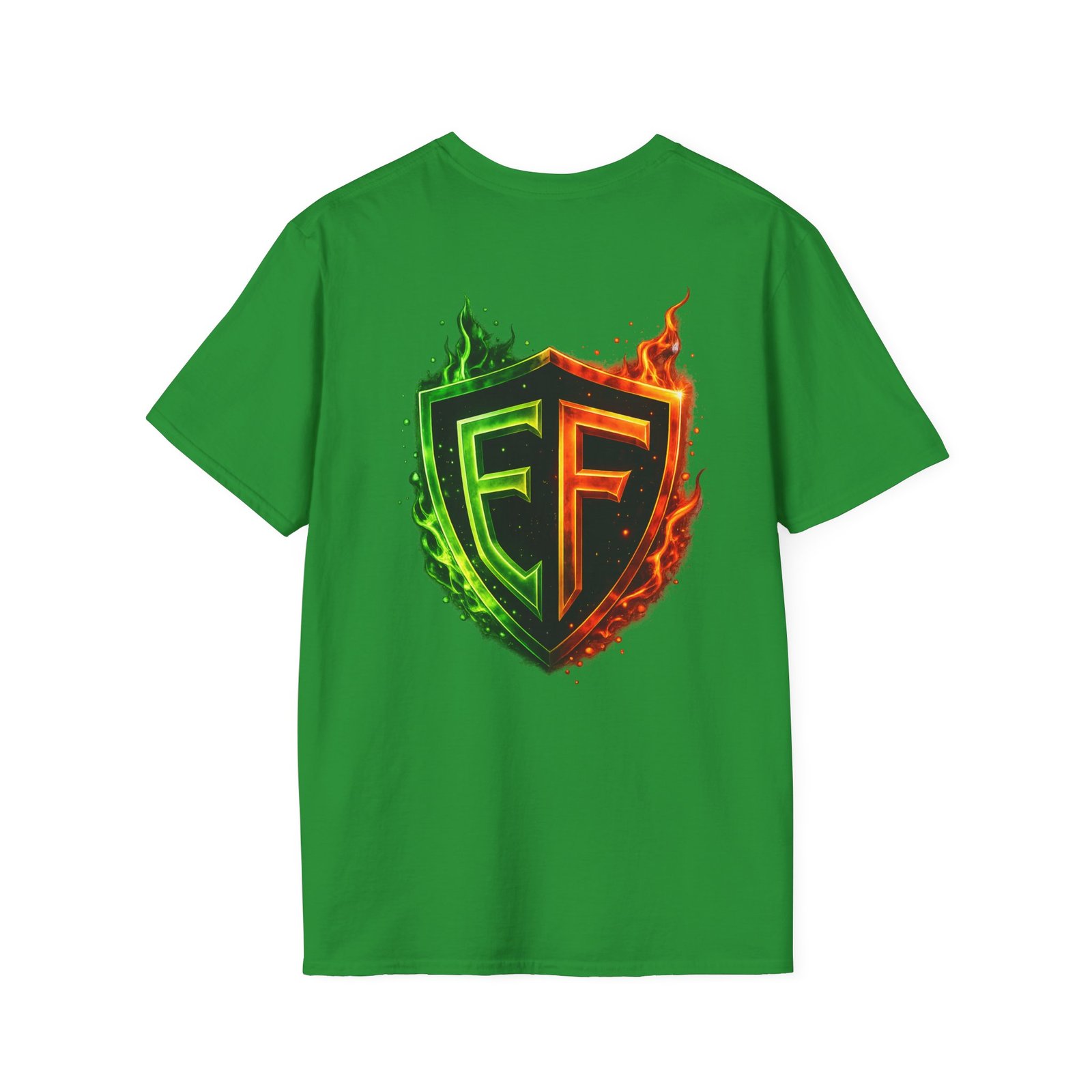 echoflame shield logo t‑shirt — flaming green & orange ef crest echoflame shield logo t‑shirt — flaming green & orange ef crest