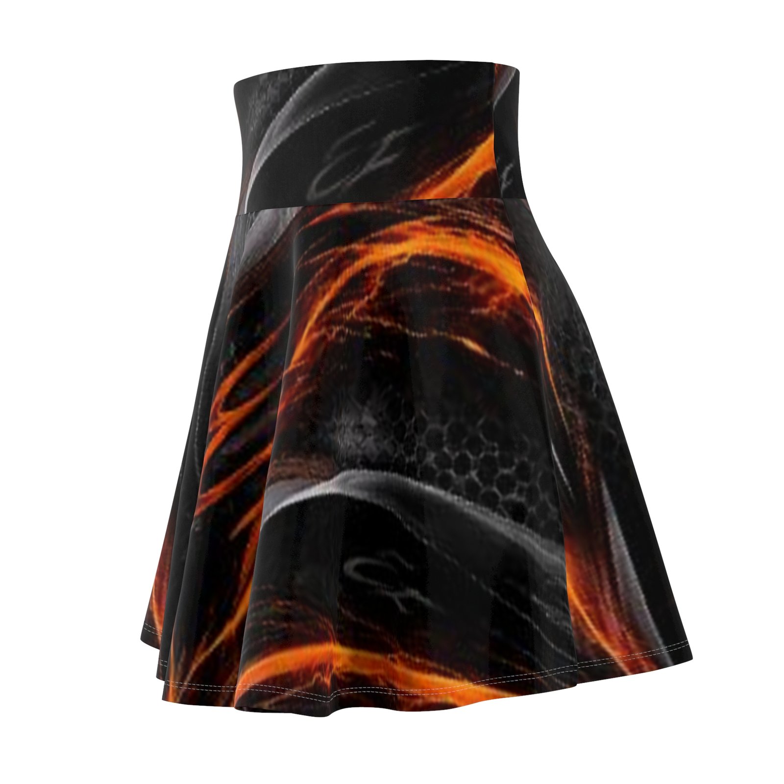 echoflame flaming abstract skater skirt — black & orange all over print echoflame flaming abstract skater skirt — black & orange all over print