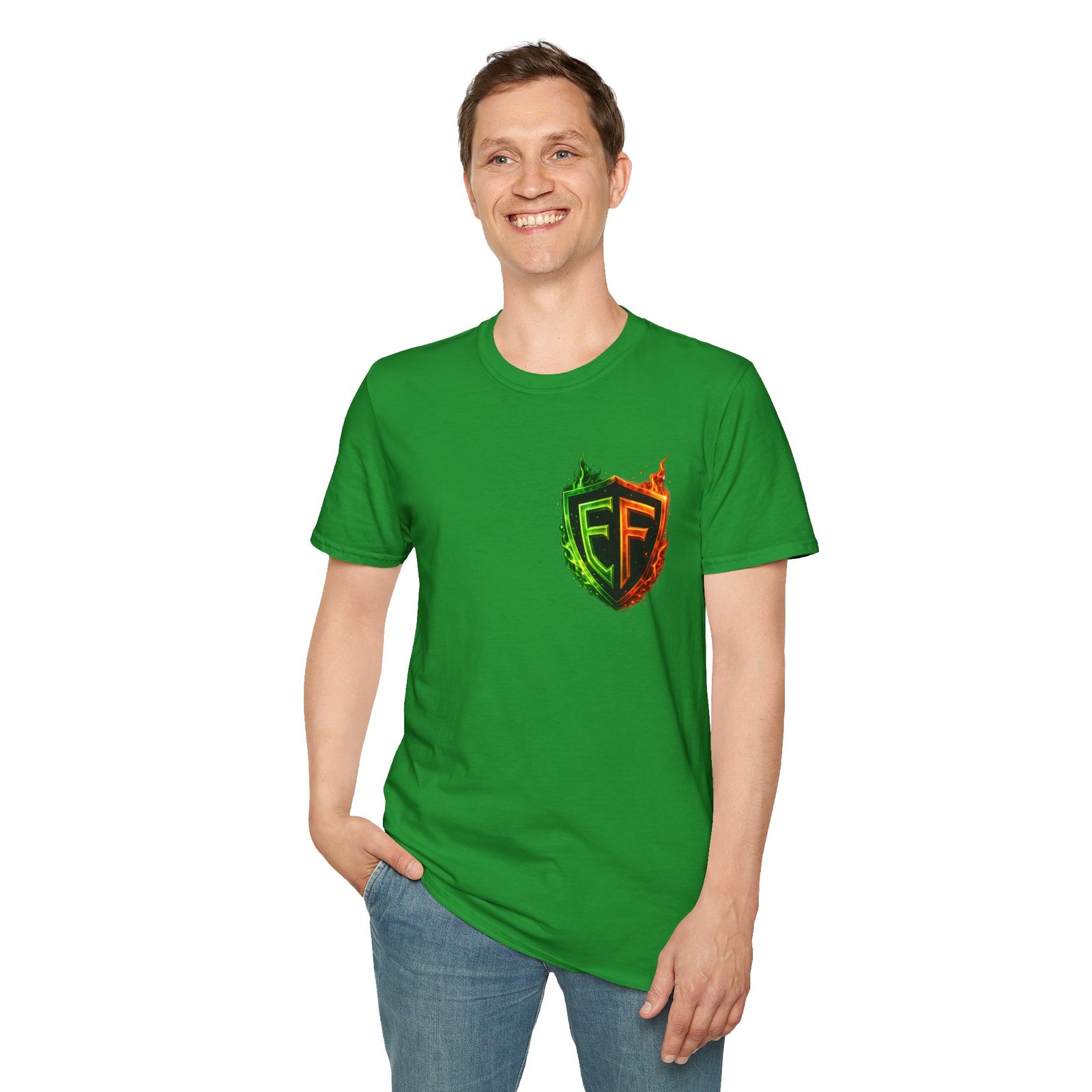 echoflame shield logo t‑shirt — flaming green & orange ef crest echoflame shield logo t‑shirt — flaming green & orange ef crest