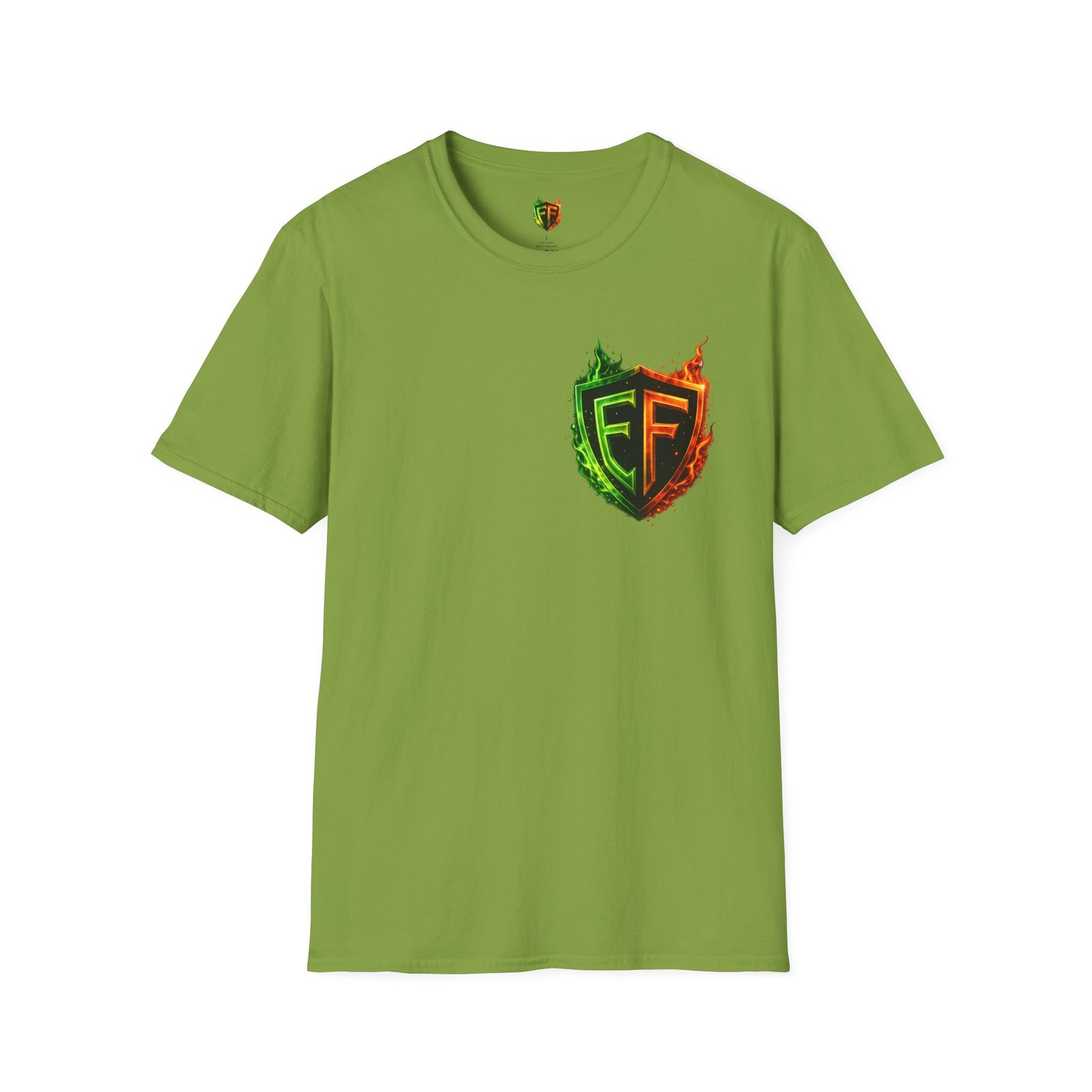echoflame shield logo t‑shirt — flaming green & orange ef crest echoflame shield logo t‑shirt — flaming green & orange ef crest