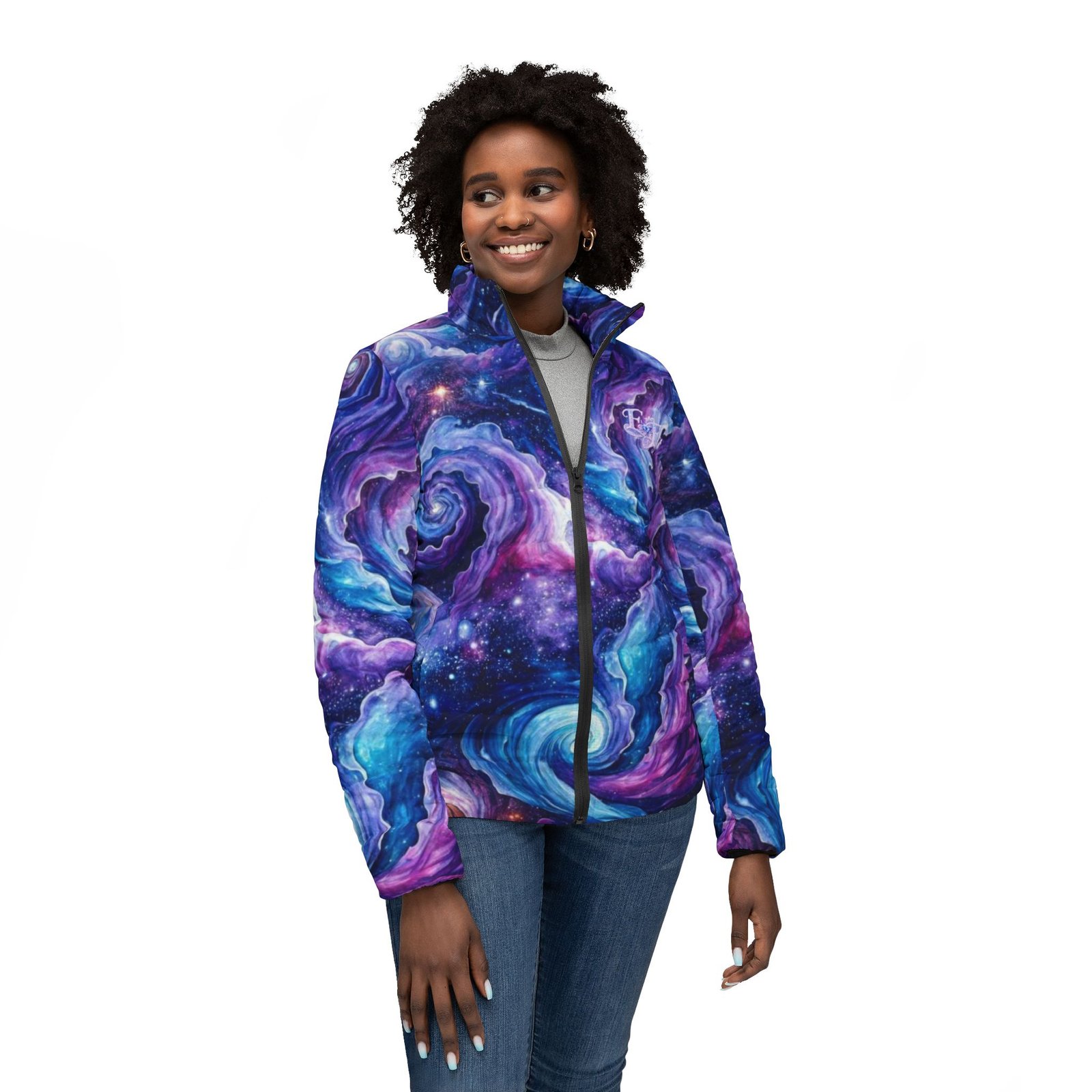 echoflame galaxy swirl puffer jacket — women's cosmic space print outerwear echoflame galaxy swirl puffer jacket — women's cosmic space print outerwear