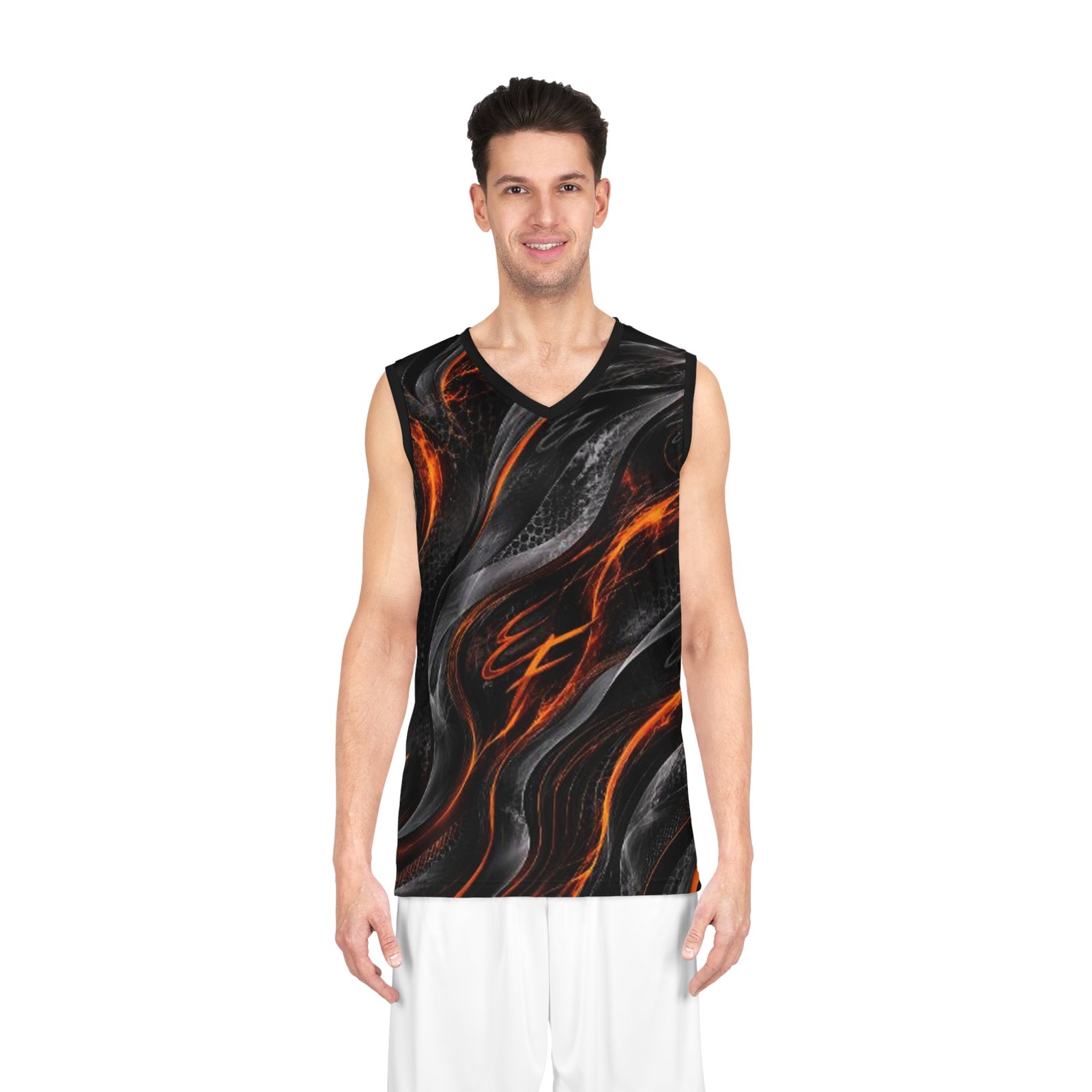 echoflame flame wave basketball jersey — black & orange all over print echoflame flame wave basketball jersey — black & orange all over print