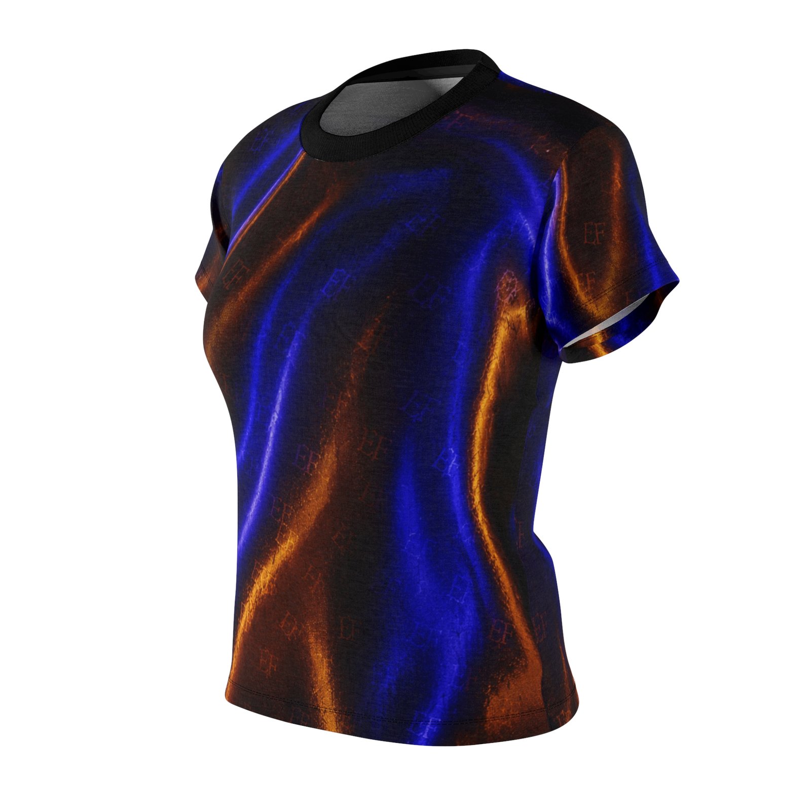echoflame women's blue & orange liquid metallic tee — all over print cut & sew shirt echoflame women's blue & orange liquid metallic tee — all over print cut & sew shirt