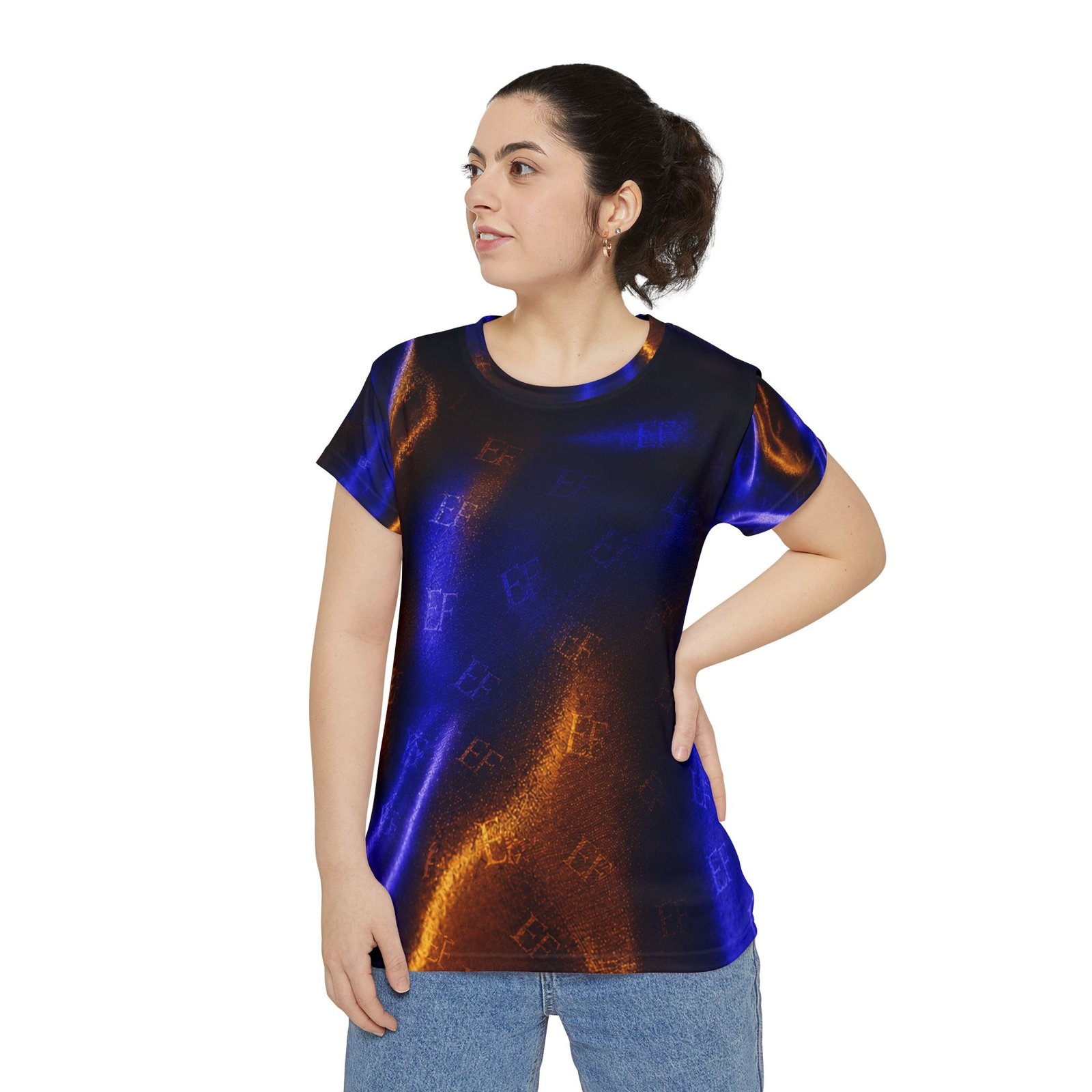 echoflame women's abstract satin glow tee — blue & copper all over print echoflame women's abstract satin glow tee — blue & copper all over print