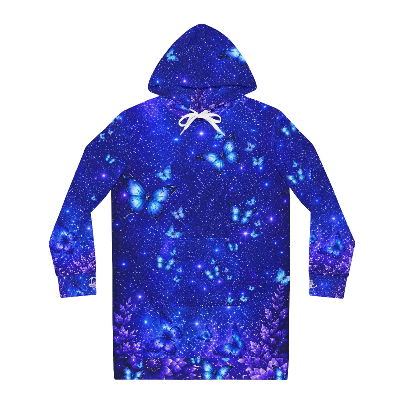echoflame blue butterfly galaxy hoodie dress — women's all over print cozy dress echoflame blue butterfly galaxy hoodie dress — women's all over print cozy dress