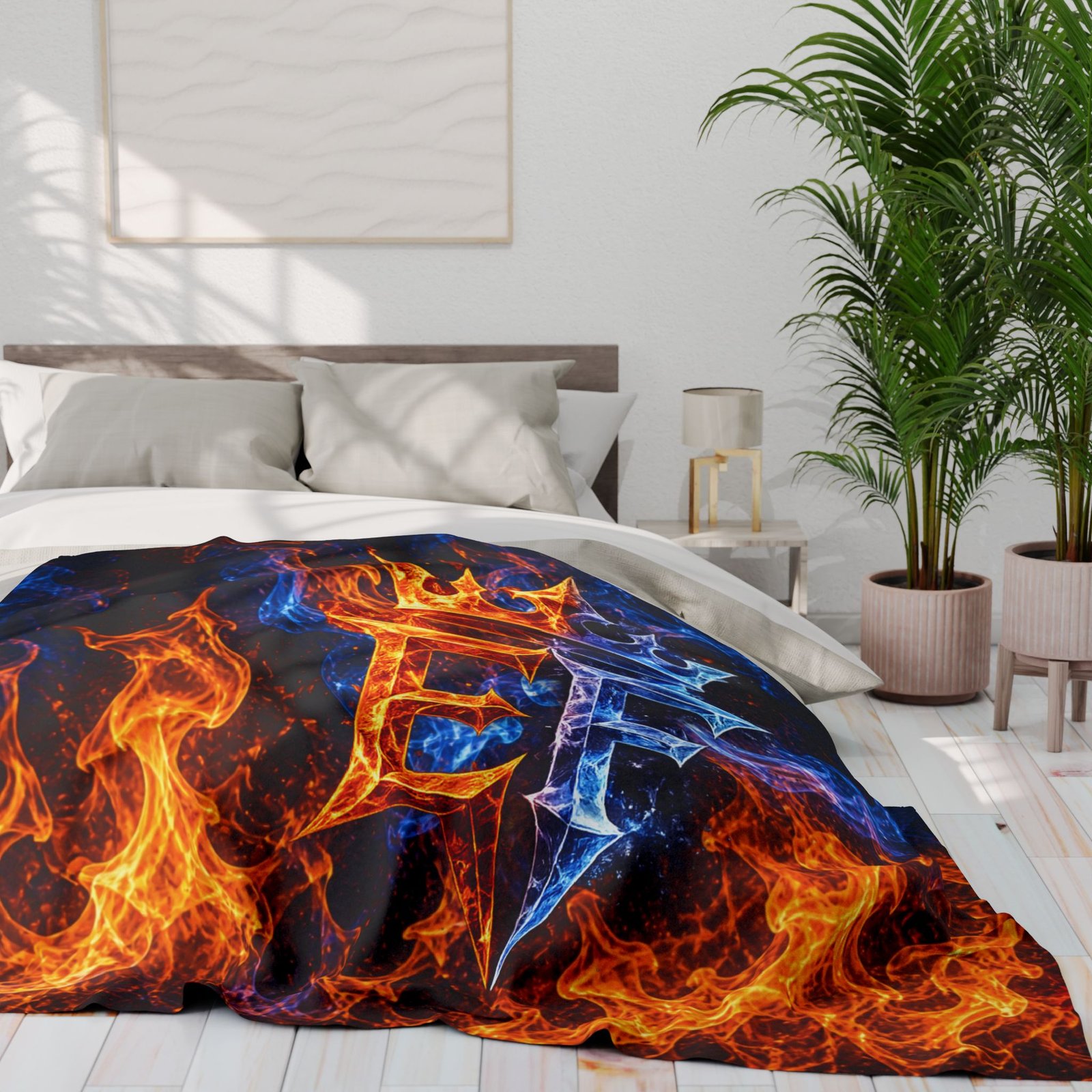 echoflame fire & ice crown fleece blanket — arctic fleece with 'ef' flame design echoflame fire & ice crown fleece blanket — arctic fleece with 'ef' flame design