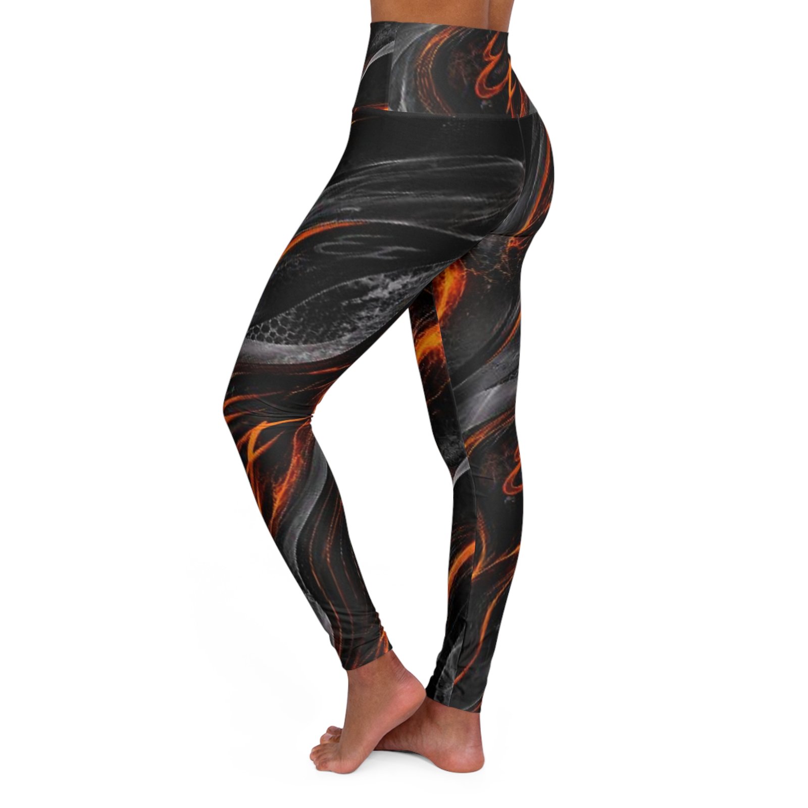 echoflame high waist yoga leggings — black & fiery orange marble aop echoflame high waist yoga leggings — black & fiery orange marble aop