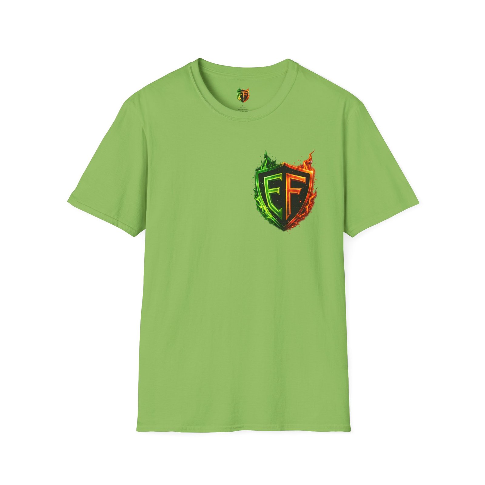 echoflame shield logo t‑shirt — flaming green & orange ef crest echoflame shield logo t‑shirt — flaming green & orange ef crest