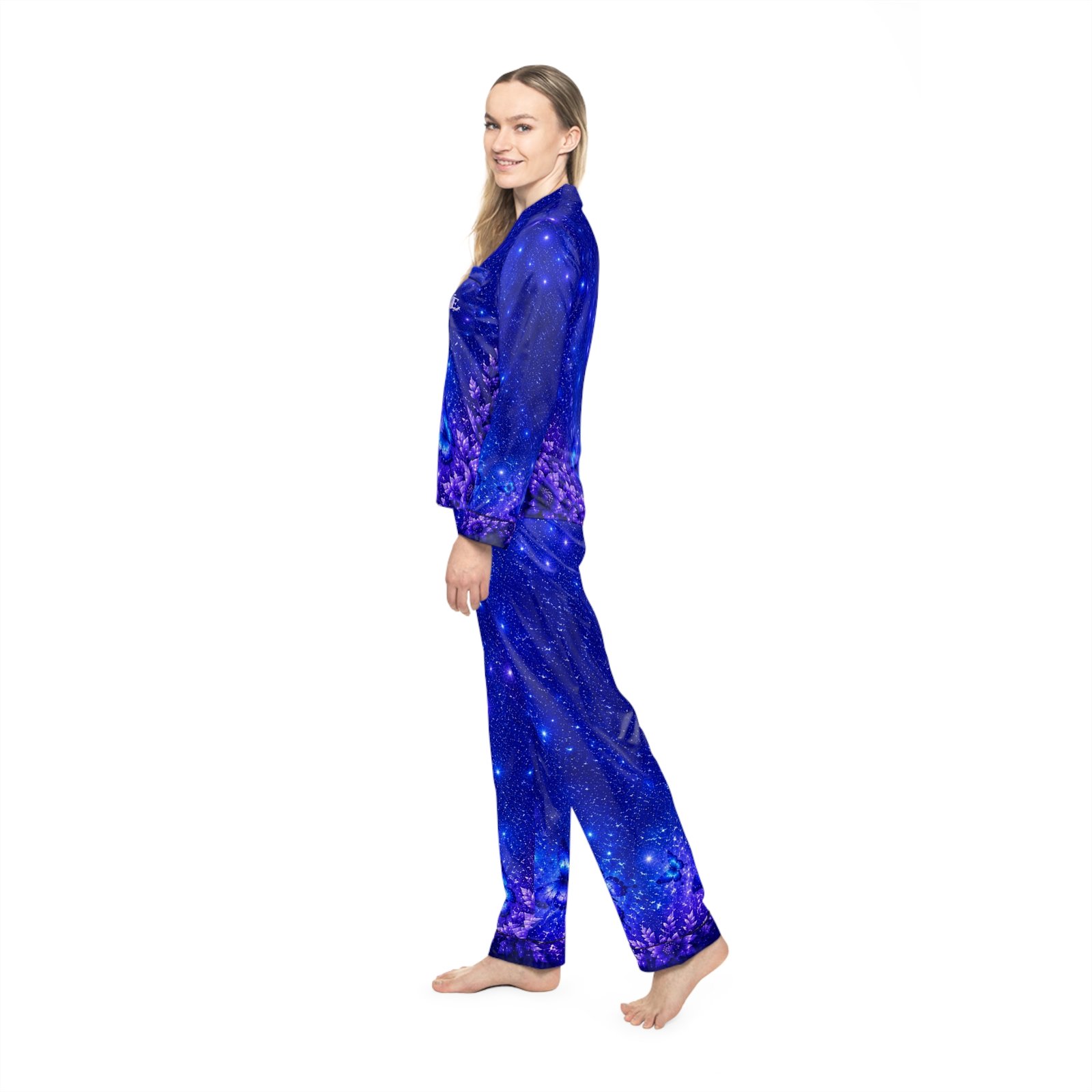 echoflame galaxy satin pajama set — women's cosmic star print sleepwear echoflame galaxy satin pajama set — women's cosmic star print sleepwear