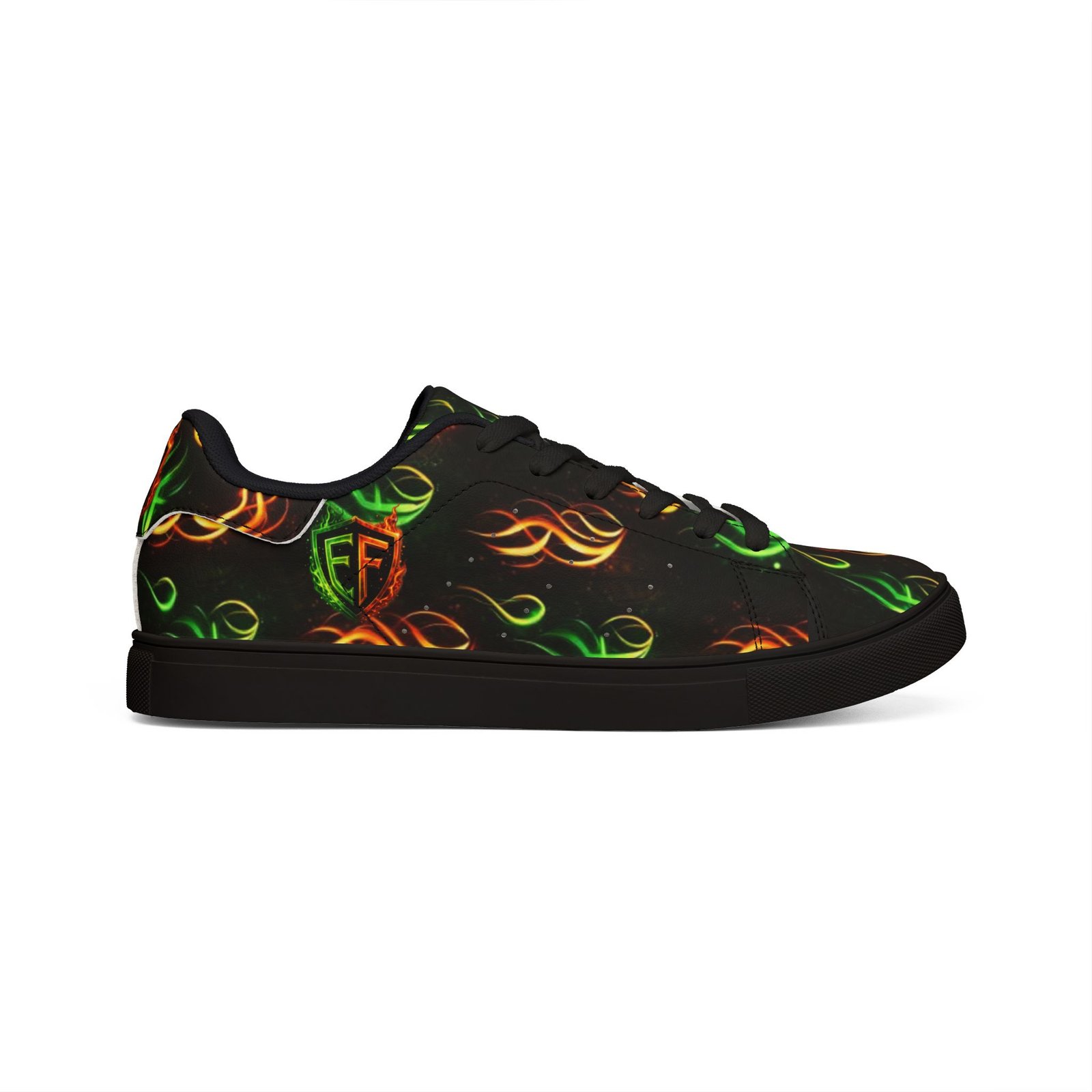 echoflame low top sneakers — neon flame graphic leather shoes for men echoflame low top sneakers — neon flame graphic leather shoes for men