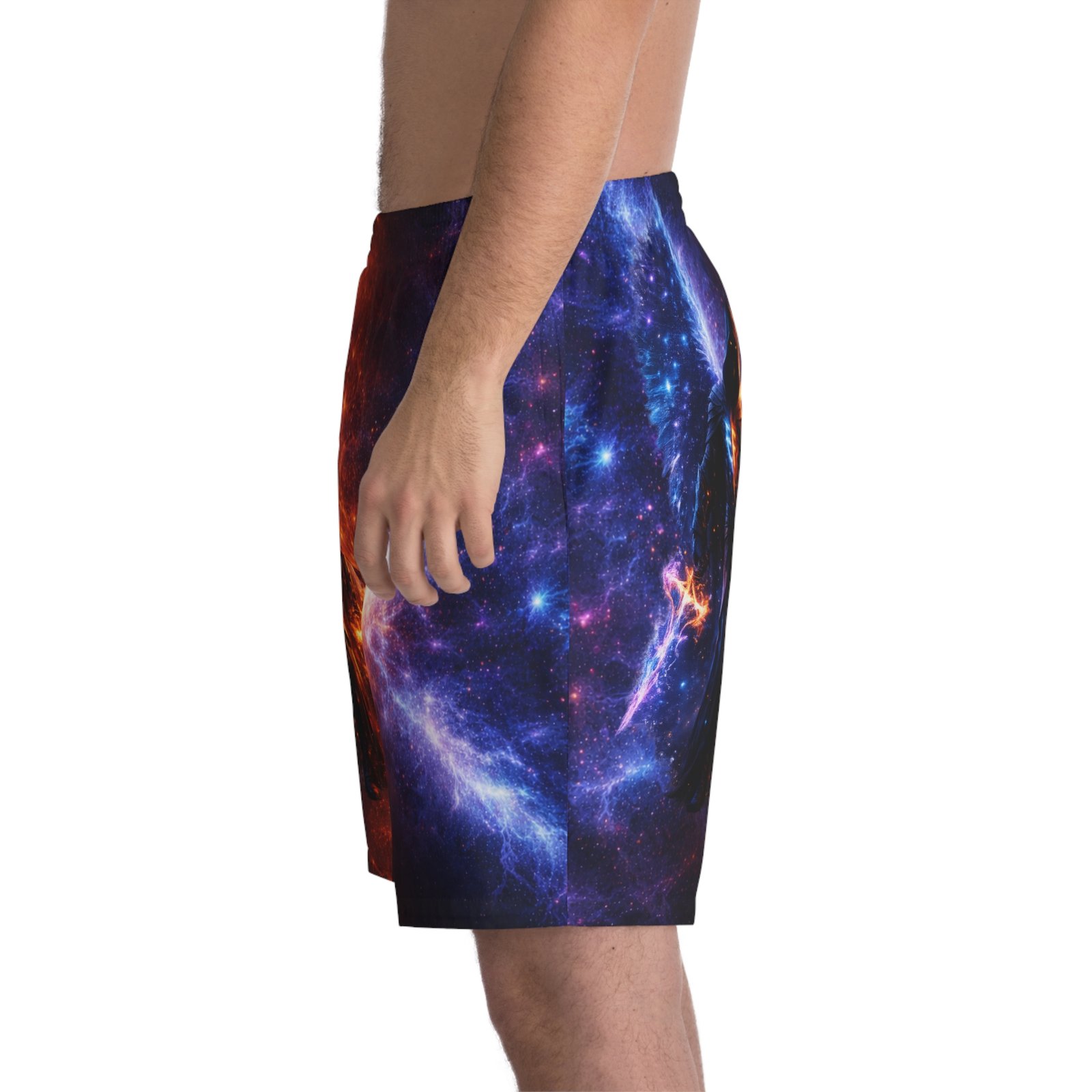 echoflame cosmic angel beach shorts — galactic phoenix wings swim trunks echoflame cosmic angel beach shorts — galactic phoenix wings swim trunks