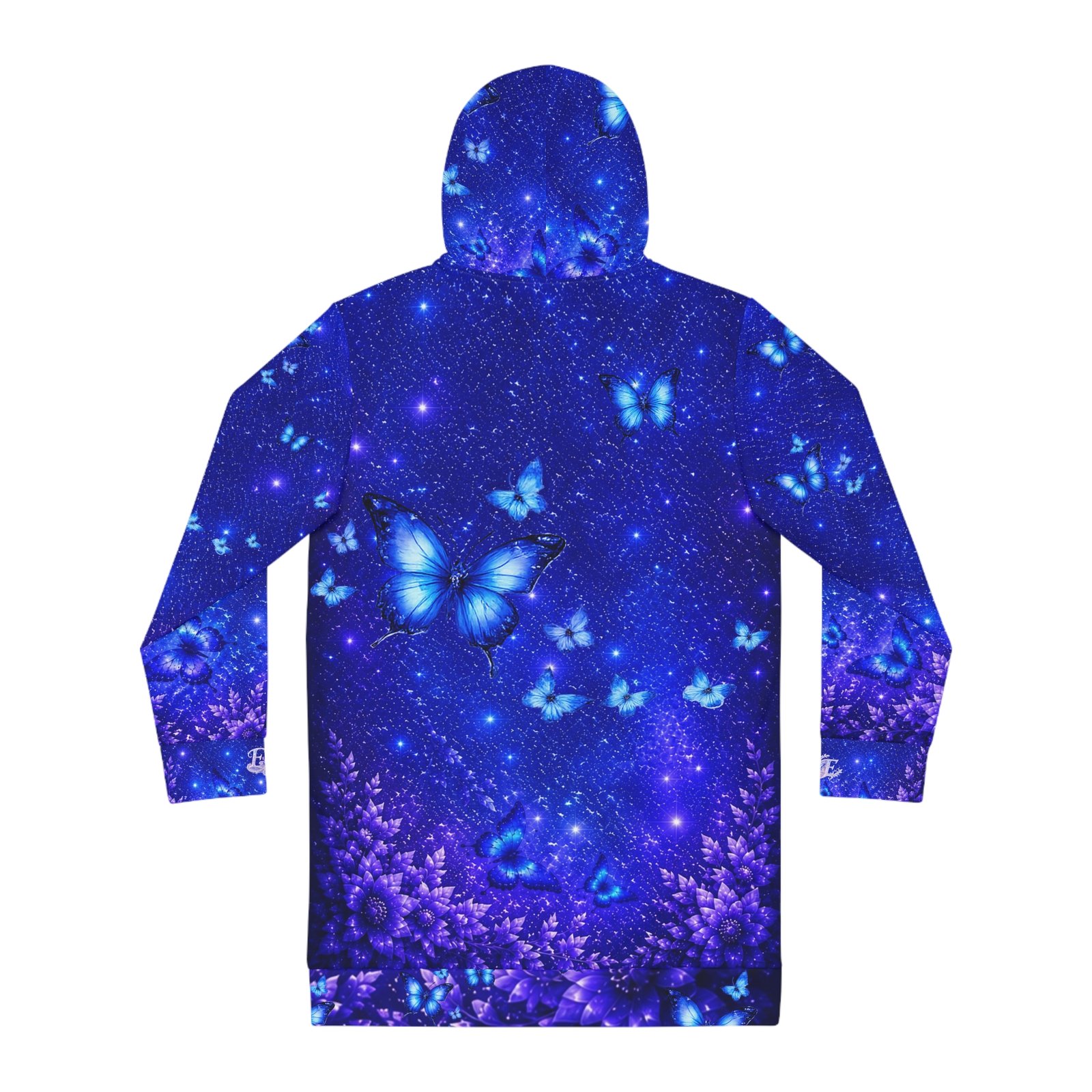echoflame blue butterfly galaxy hoodie dress — women's all over print cozy dress echoflame blue butterfly galaxy hoodie dress — women's all over print cozy dress