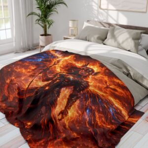 echoflame fiery valkyrie art fleece blanket — mythic phoenix warrior throw