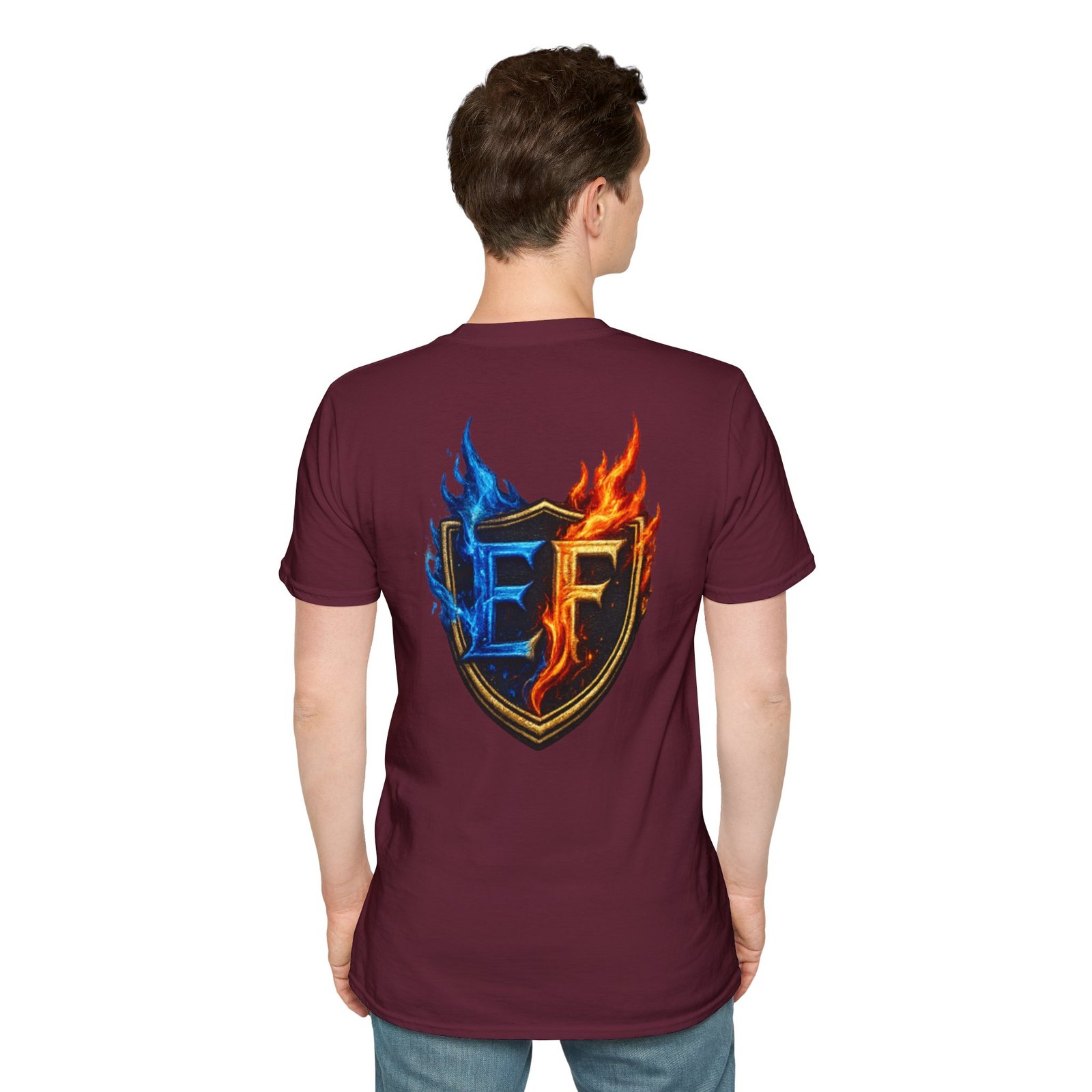 echoflame shield crest t shirt — ef flame logo (blue & red) echoflame shield crest t shirt — ef flame logo (blue & red)
