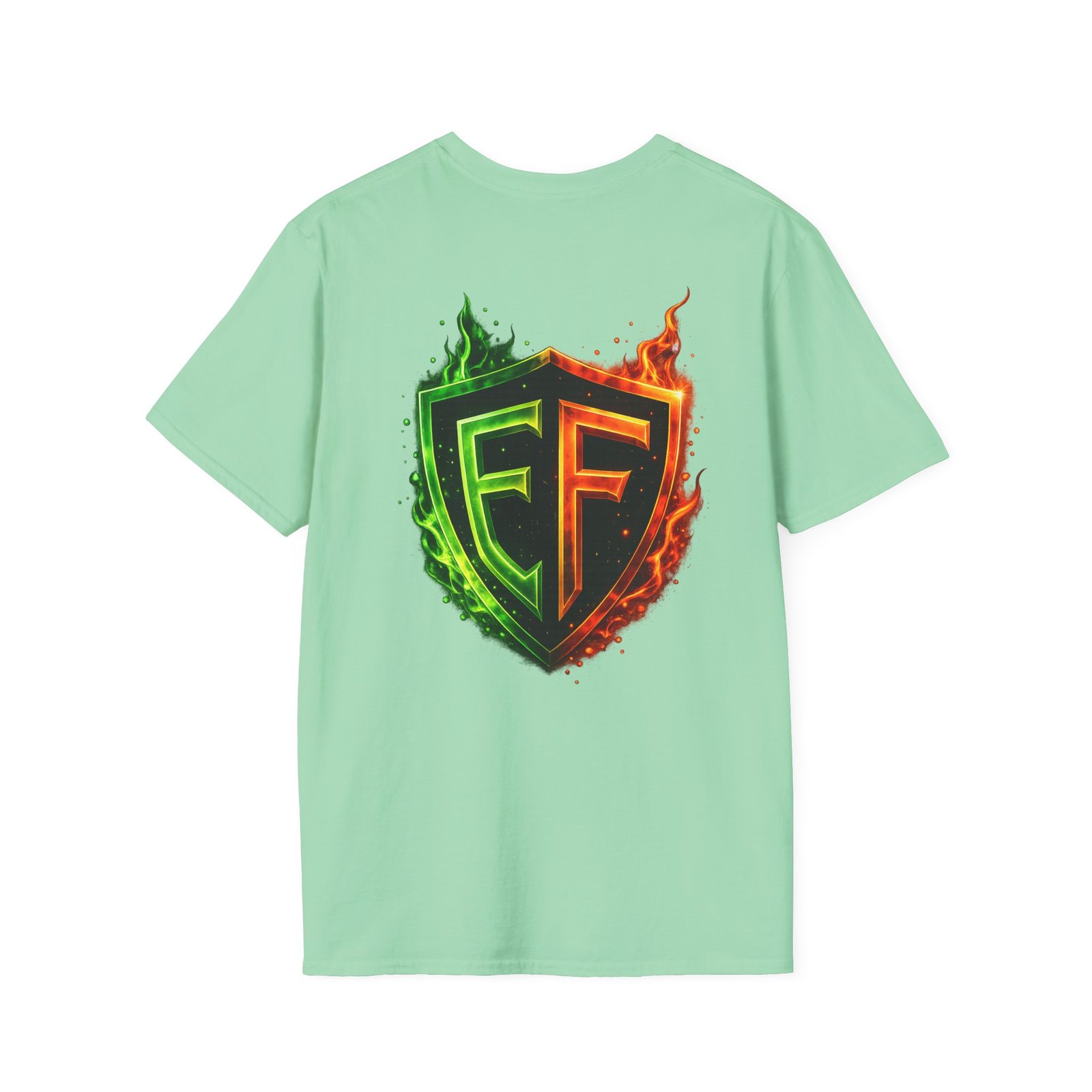 echoflame shield logo t‑shirt — flaming green & orange ef crest echoflame shield logo t‑shirt — flaming green & orange ef crest