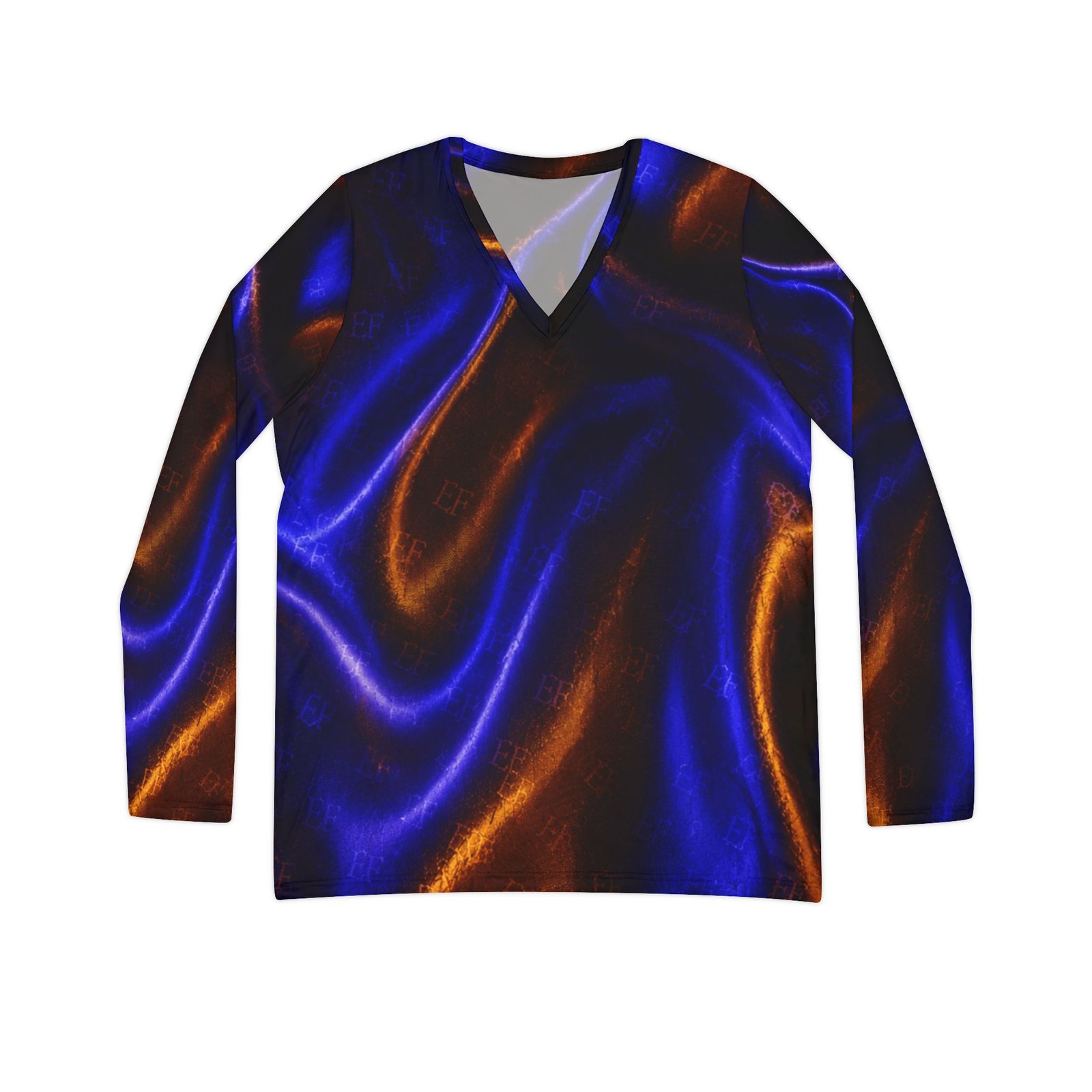 echoflame women's v neck long sleeve shirt — electric blue & copper satin wave all over print echoflame women's v neck long sleeve shirt — electric blue & copper satin wave all over print