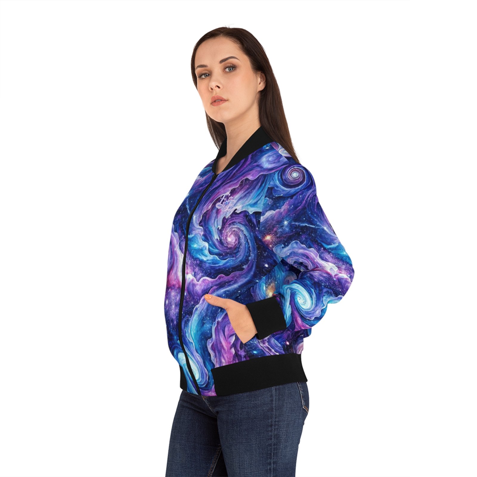 echoflame galaxy swirl bomber jacket — women's cosmic all over print echoflame galaxy swirl bomber jacket — women's cosmic all over print