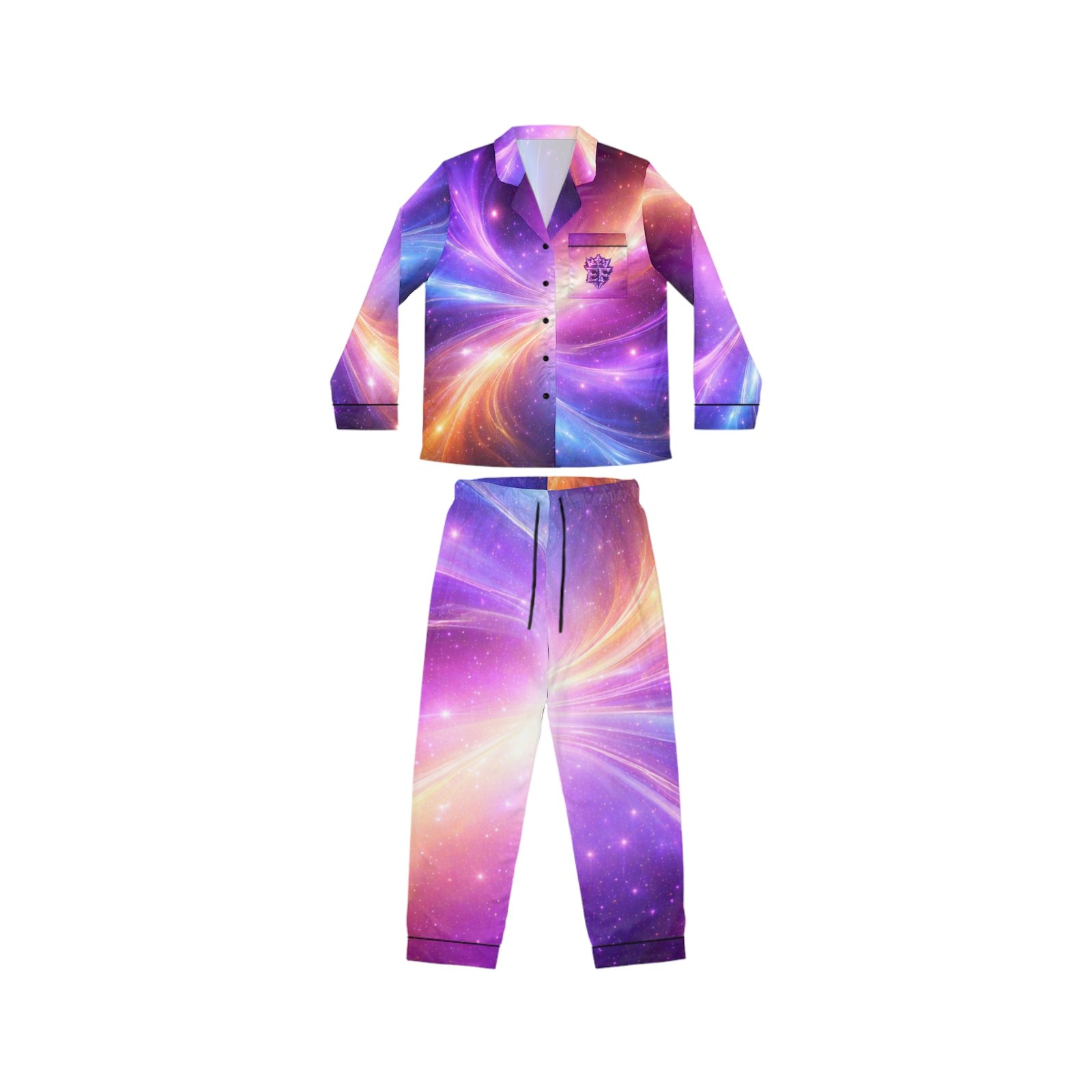 echoflame galaxy satin pajama set — women's cosmic print sleepwear echoflame galaxy satin pajama set — women's cosmic print sleepwear