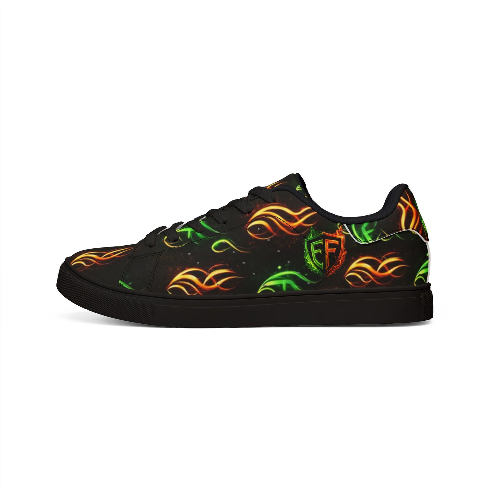 echoflame low top sneakers — neon flame graphic leather shoes for men echoflame low top sneakers — neon flame graphic leather shoes for men