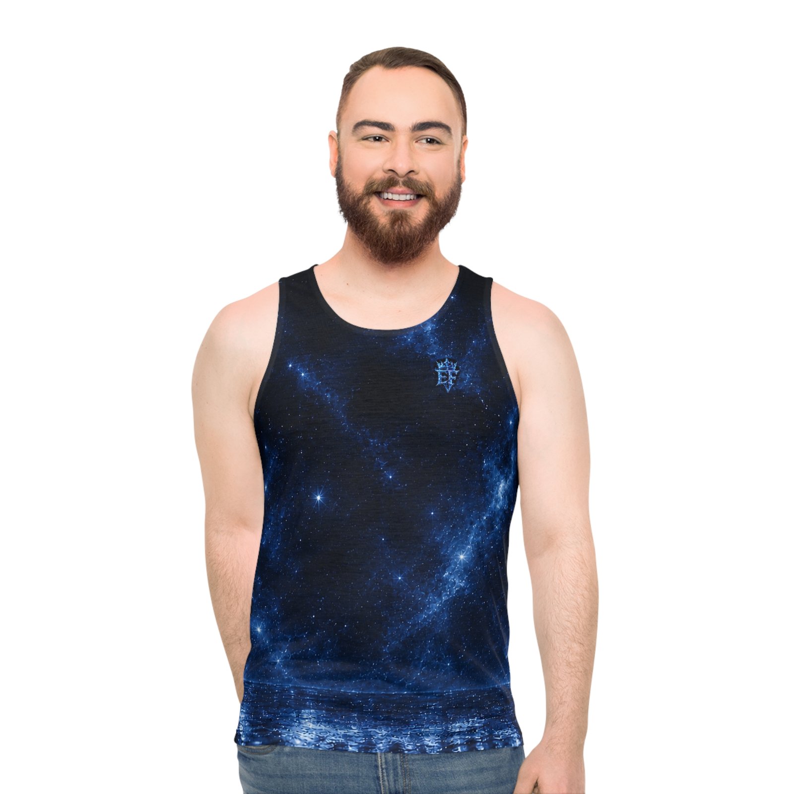echoflame galaxy crown tank top — blue ef monogram all over print echoflame galaxy crown tank top — blue ef monogram all over print