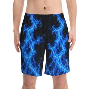 echoflame blue flame beach shorts — neon fire all over print swim trunks