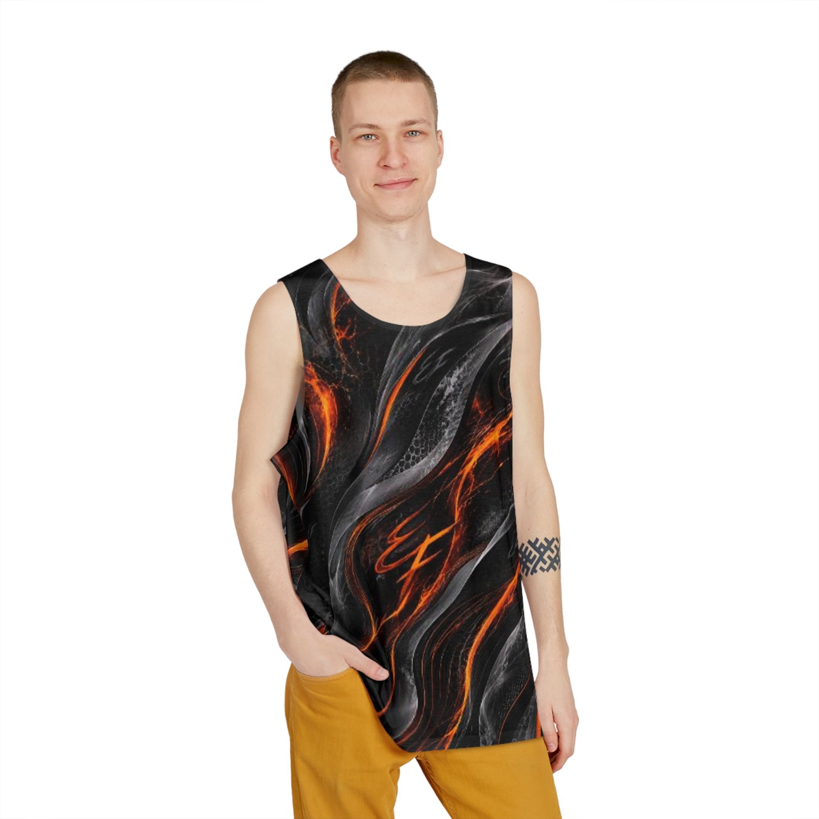 echoflame men's tank black & orange lava wave all over print echoflame men's tank black & orange lava wave all over print