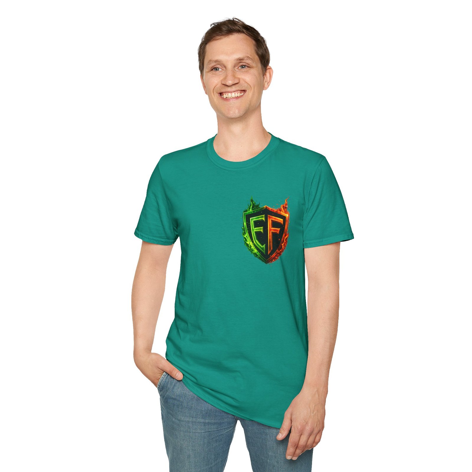 echoflame shield logo t‑shirt — flaming green & orange ef crest echoflame shield logo t‑shirt — flaming green & orange ef crest