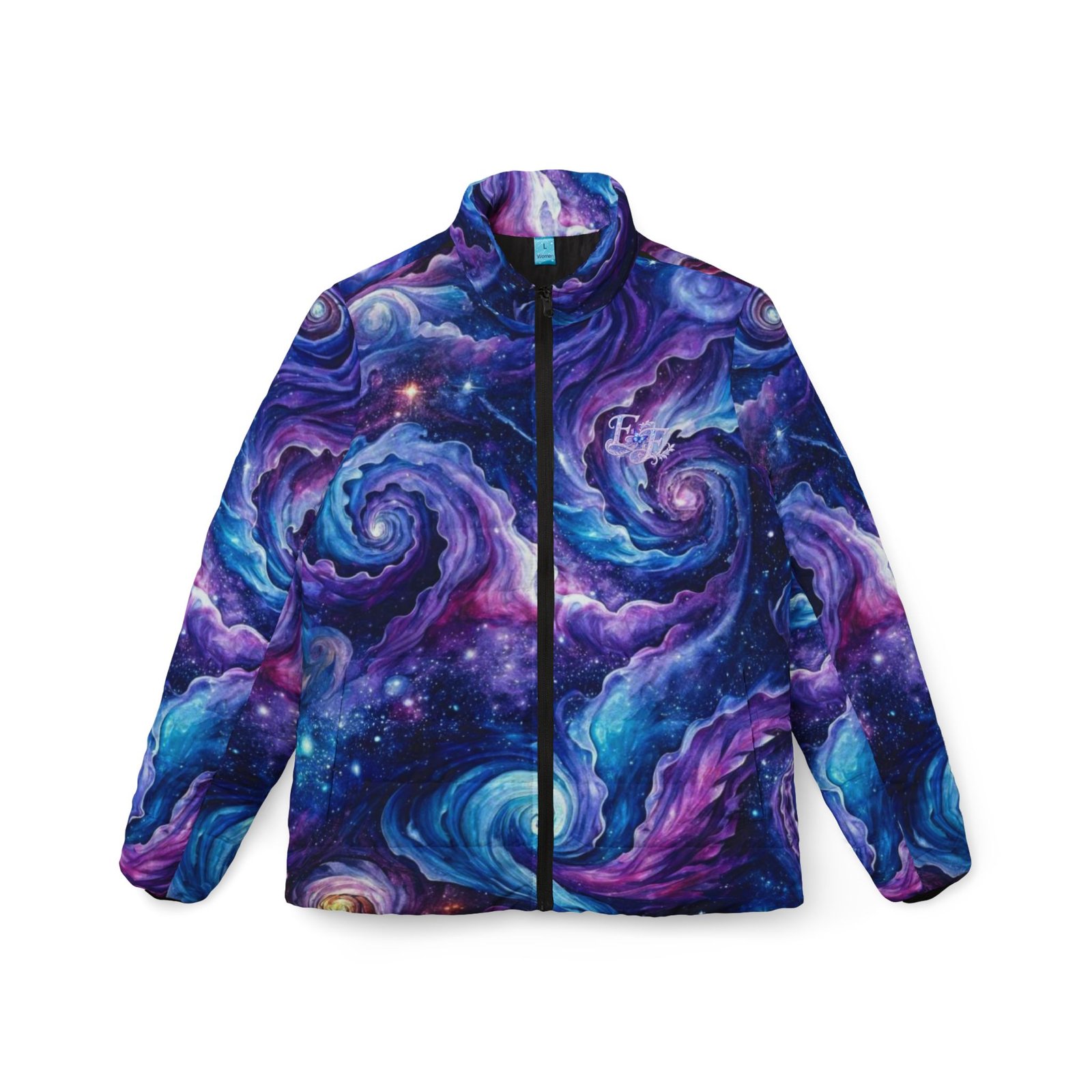 echoflame galaxy swirl puffer jacket — women's cosmic space print outerwear echoflame galaxy swirl puffer jacket — women's cosmic space print outerwear
