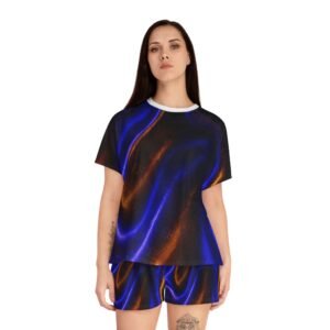echoflamewomen's satin effect short pajama set — blue & orange iridescent swirl