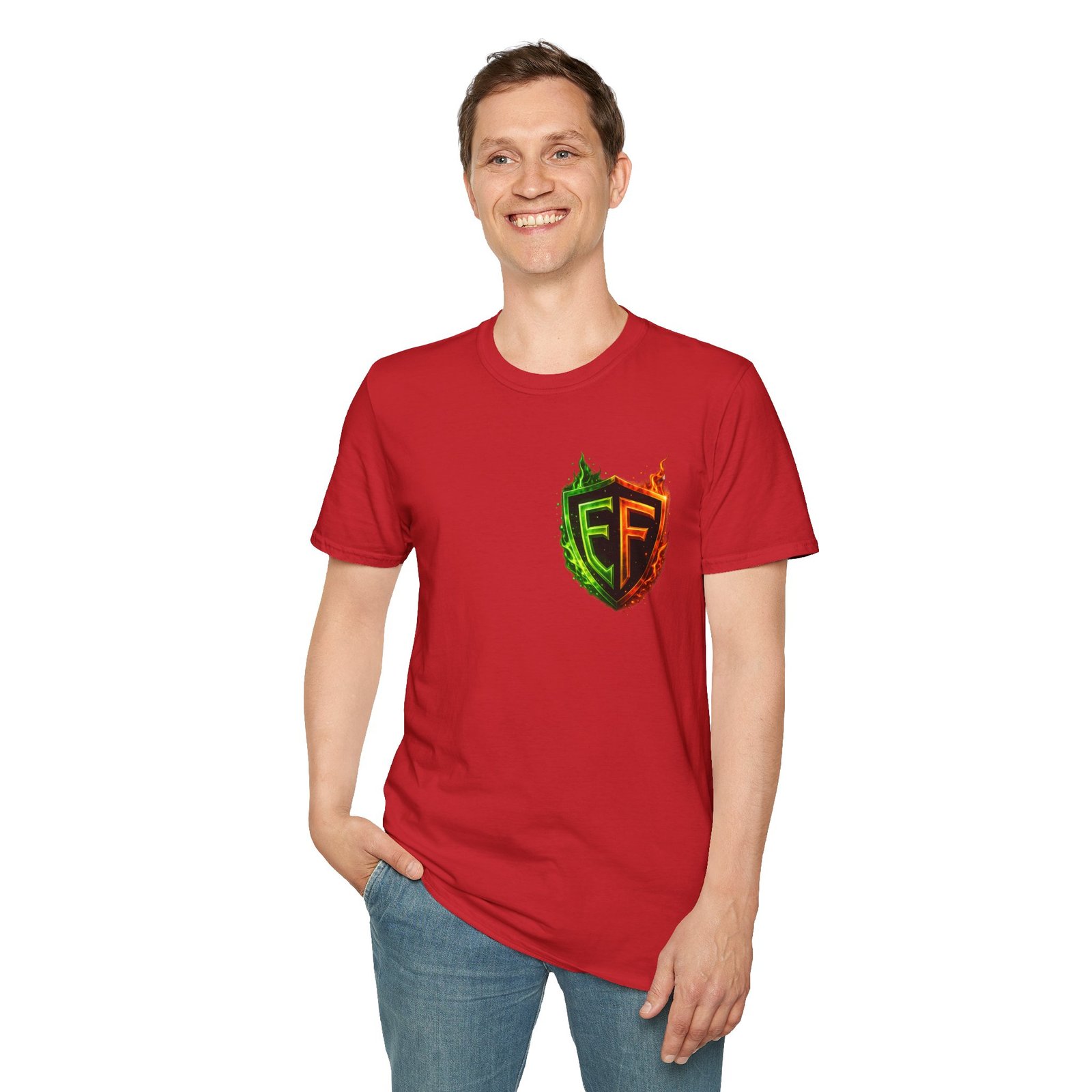 echoflame shield logo t‑shirt — flaming green & orange ef crest echoflame shield logo t‑shirt — flaming green & orange ef crest