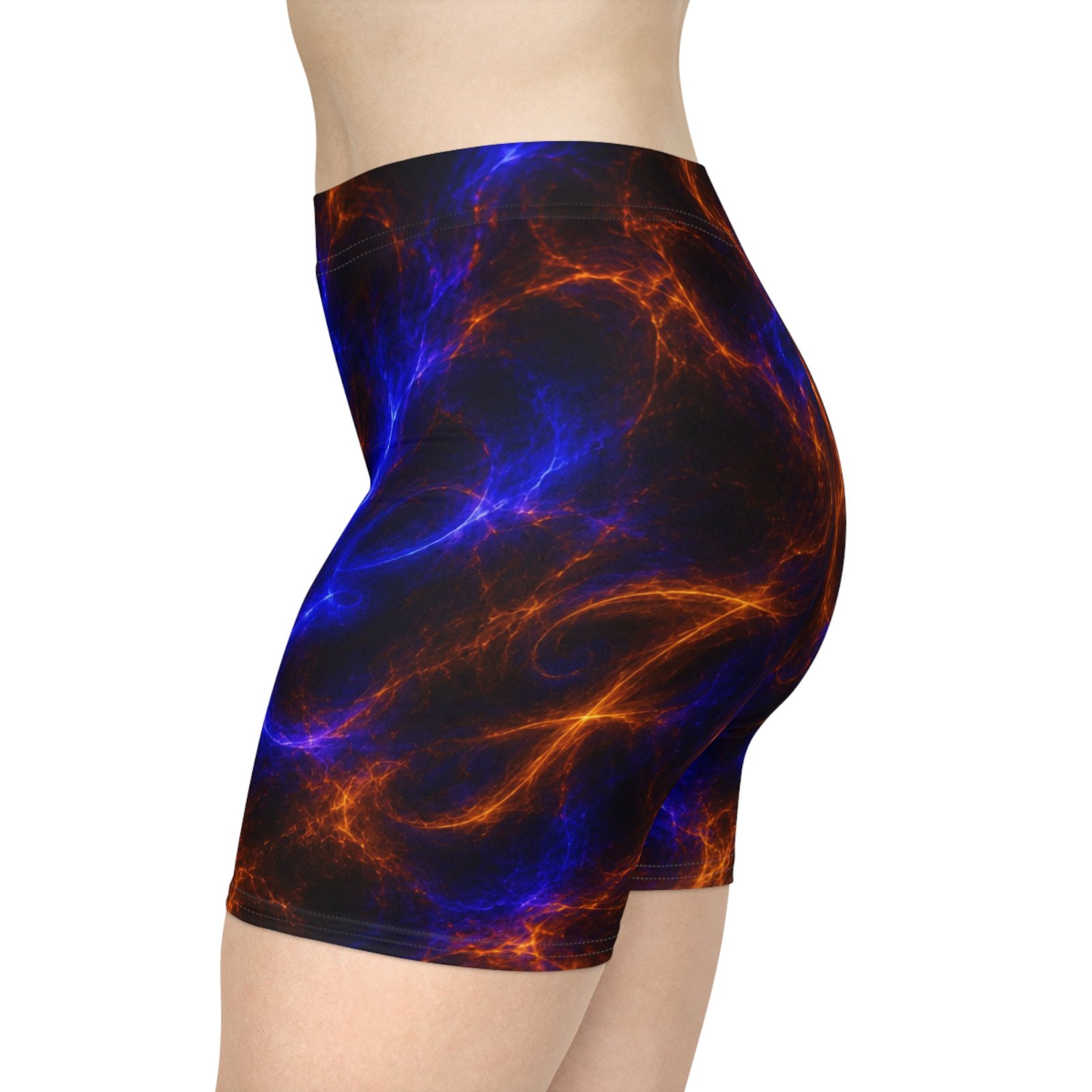 echoflame nebula flame women's biker shorts — blue & orange galaxy print activewear echoflame nebula flame women's biker shorts — blue & orange galaxy print activewear