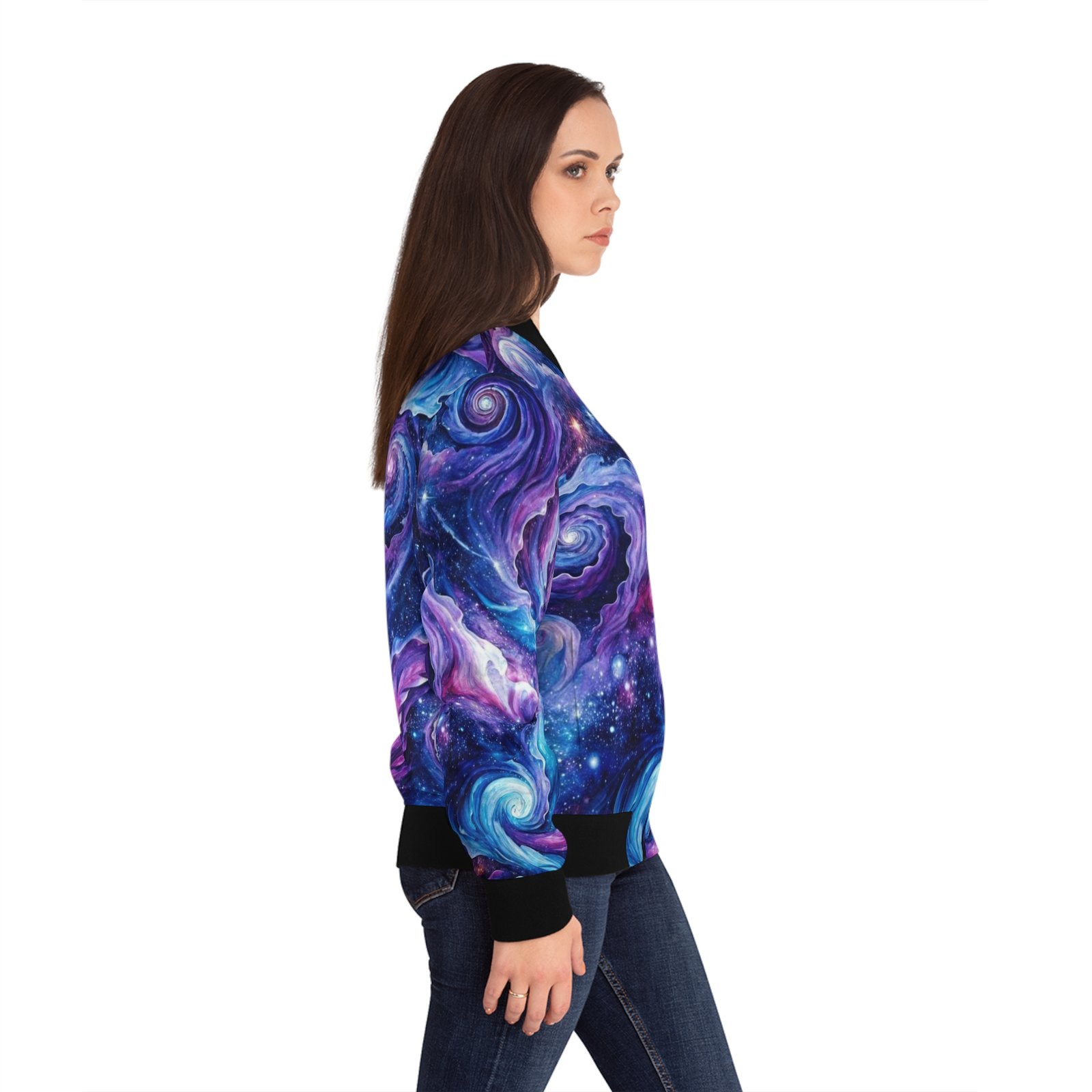 echoflame galaxy swirl bomber jacket — women's cosmic all over print echoflame galaxy swirl bomber jacket — women's cosmic all over print