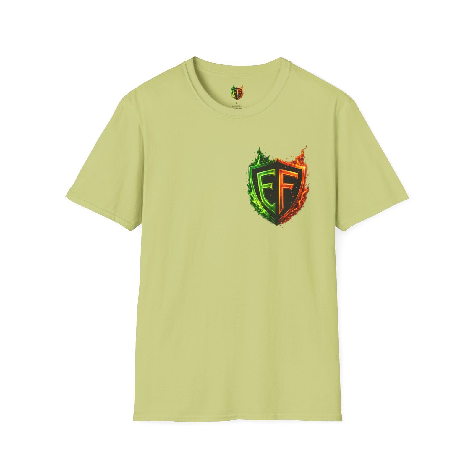 echoflame shield logo t‑shirt — flaming green & orange ef crest echoflame shield logo t‑shirt — flaming green & orange ef crest