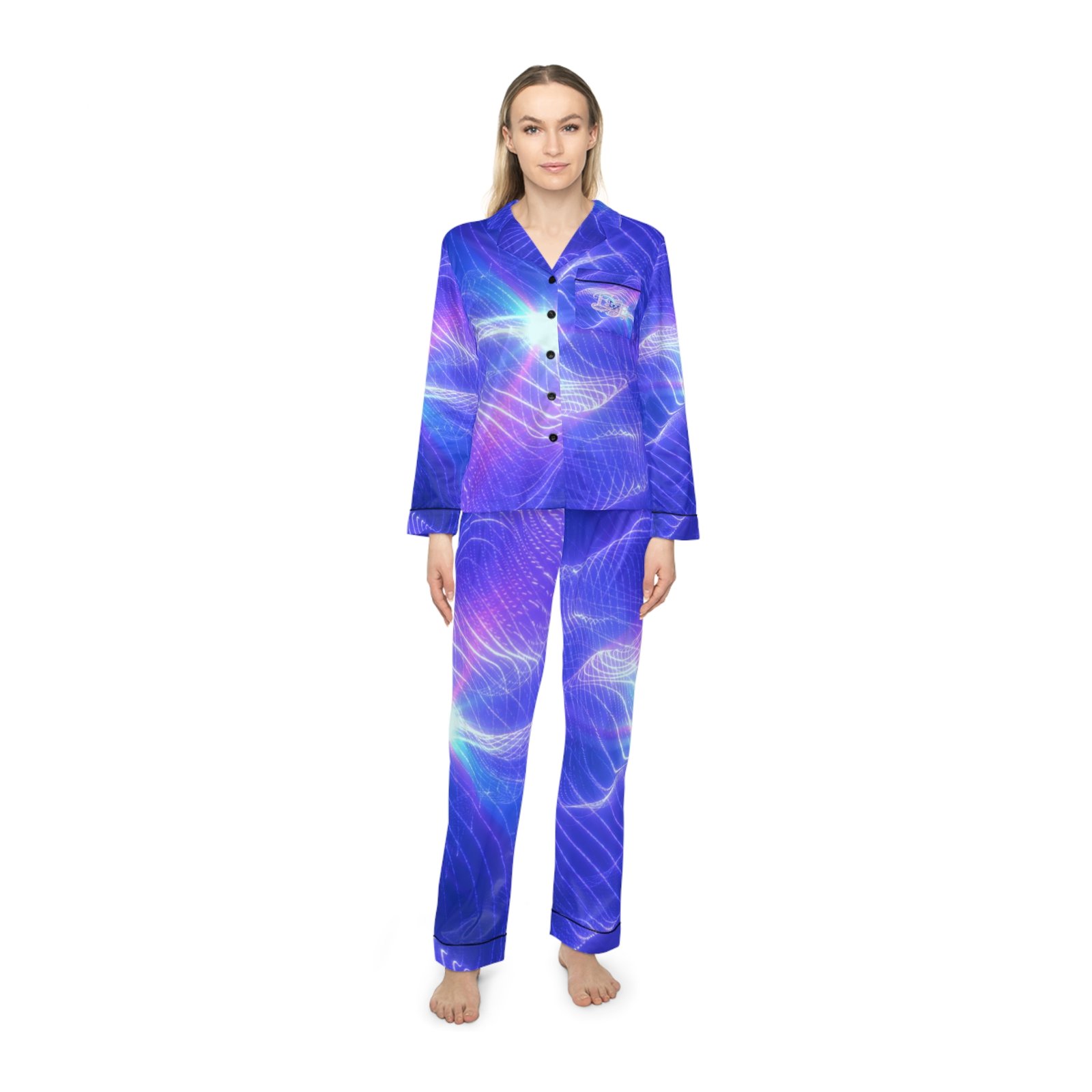 echoflame women's satin pajama set — purple blue galaxy wave print loungewear echoflame women's satin pajama set — purple blue galaxy wave print loungewear