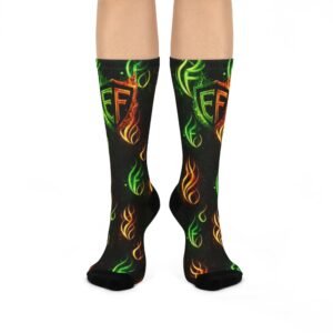echoflame flaming shield crew socks — neon green & orange fire pattern
