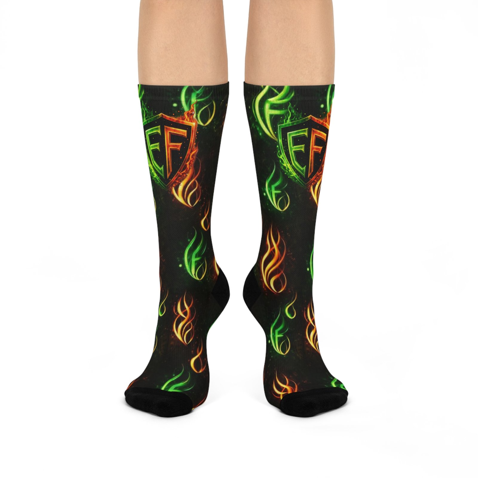 echoflame flaming shield crew socks — neon green & orange fire pattern echoflame flaming shield crew socks — neon green & orange fire pattern