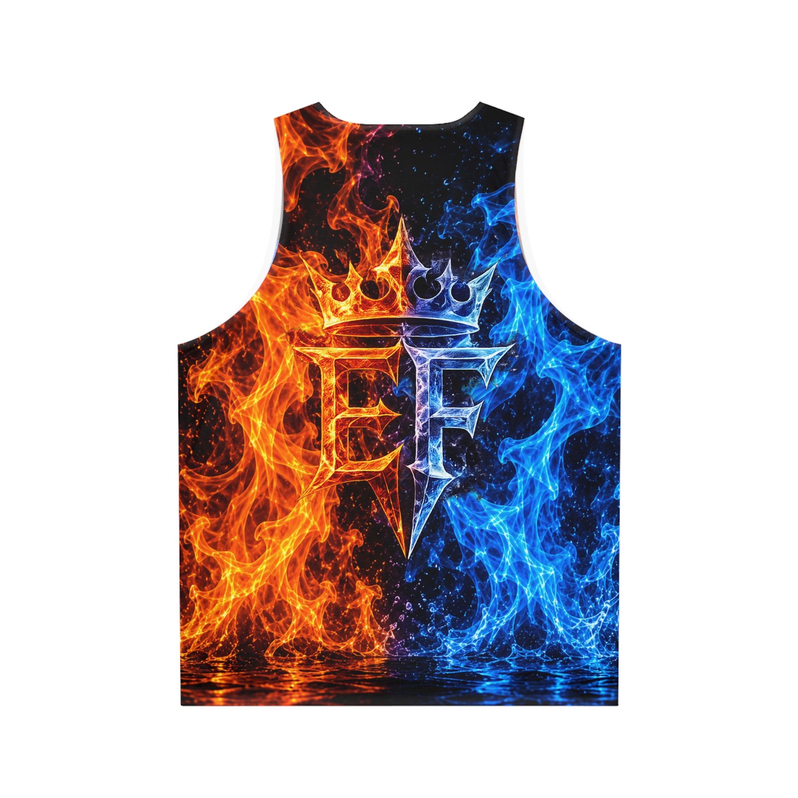 echoflame fire and ice all over print tank top — blue & orange flame graphic echoflame fire and ice all over print tank top — blue & orange flame graphic