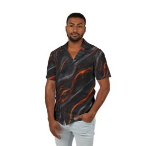 echoflame lava flow hawaiian camp shirt — black & ember all over print